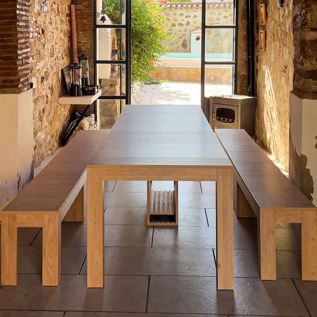 Rachele Extendable Console Table 46(306)x90 cm, 2 Extendable Benches 67,5(292)x35 cm, Light Oak