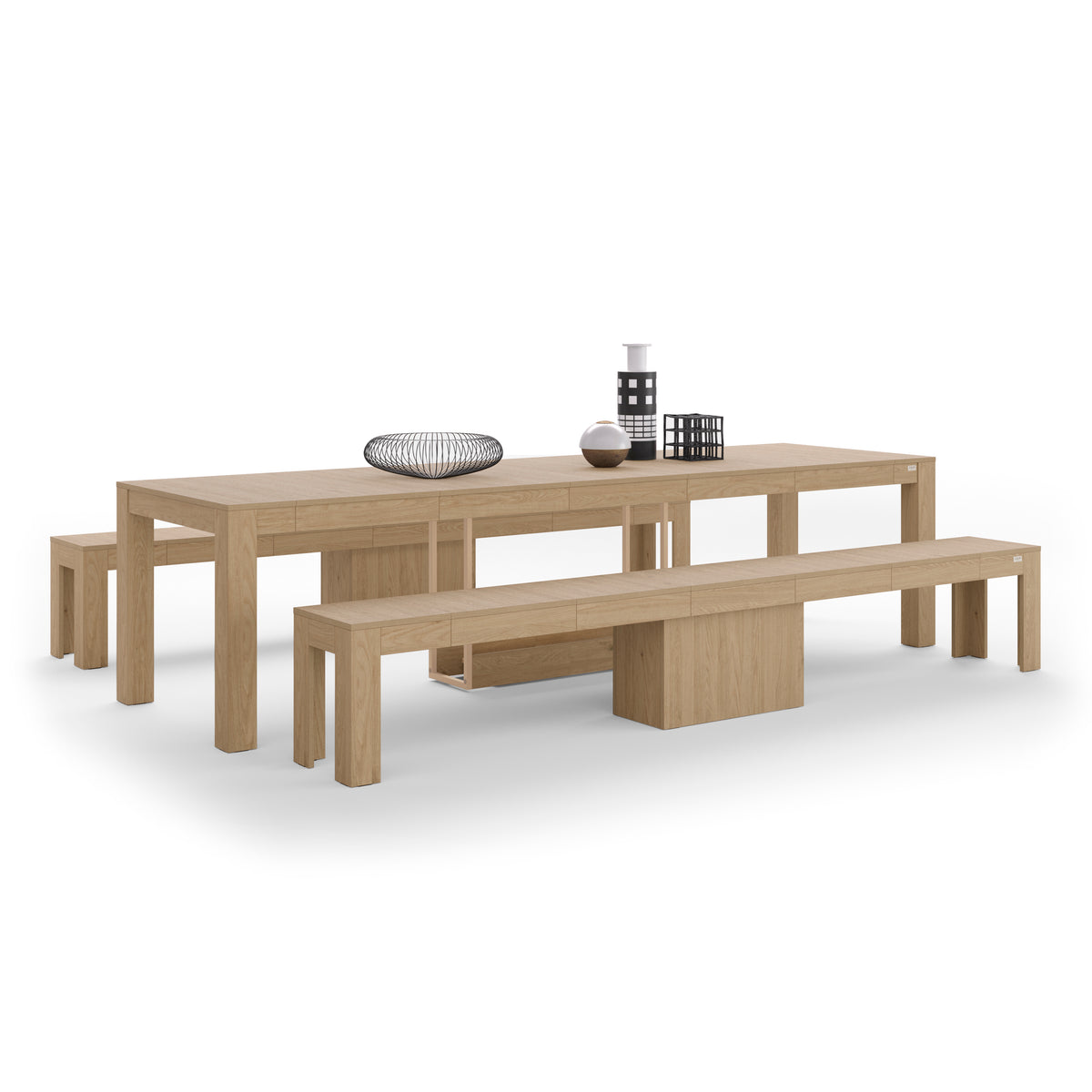 Consolle allungabile Rachele 46(306)x90 cm + 2 Panche allungabili Rachele 67,5(292)x35 cm, Rovere Naturale