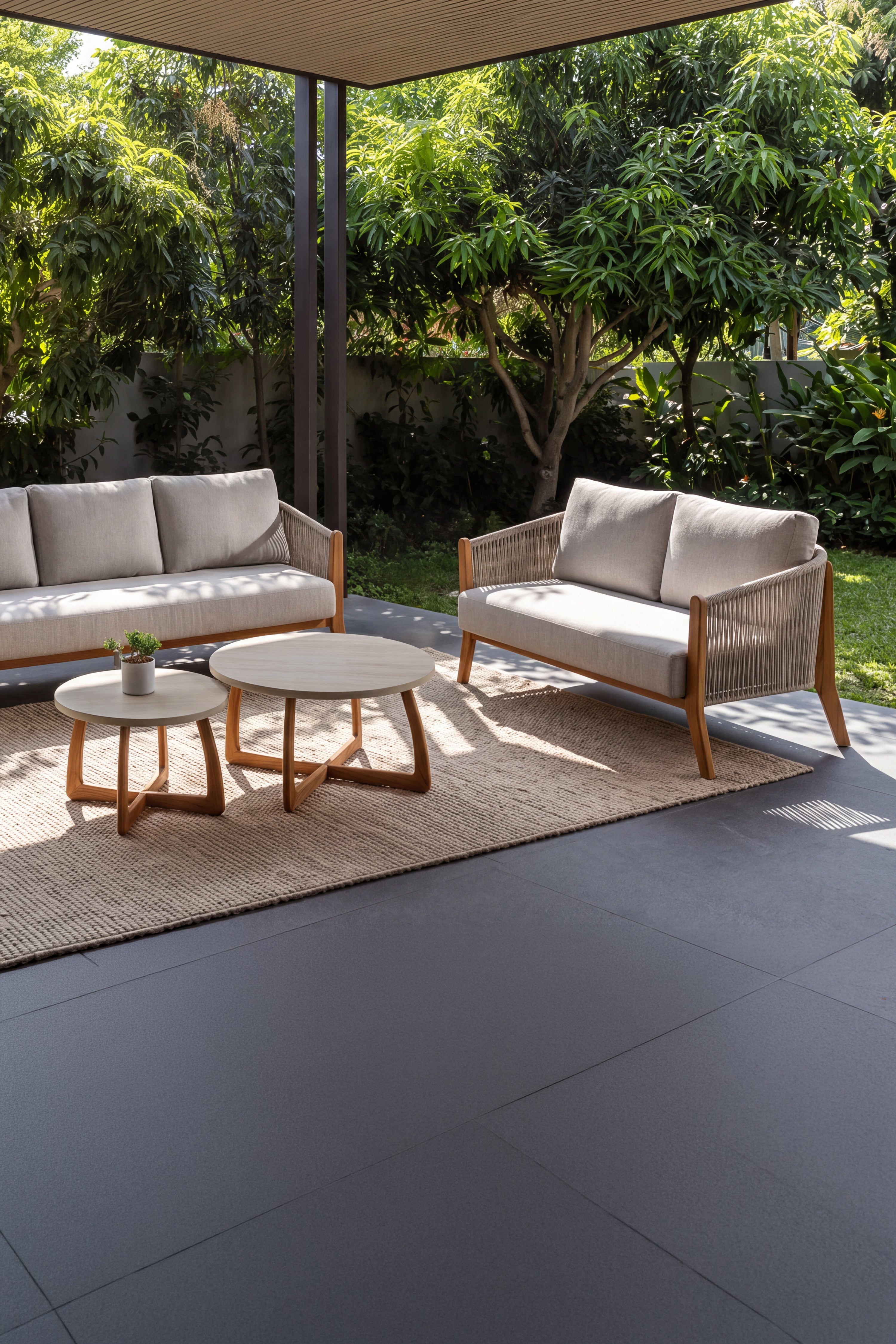 Divano da Esterno 2 Posti in Tessuto Beige e Teak, Aurora, 143x84 cm