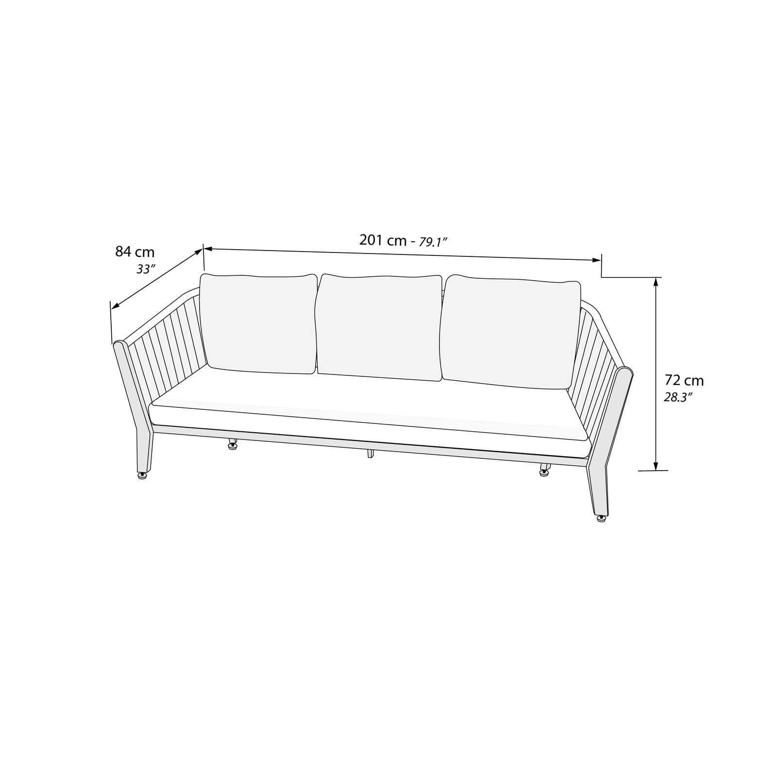 3-Seater Outdoor Sofa in Beige Fabric and Teak, Aurora, 201x84 cm - Immagine tecnica 1