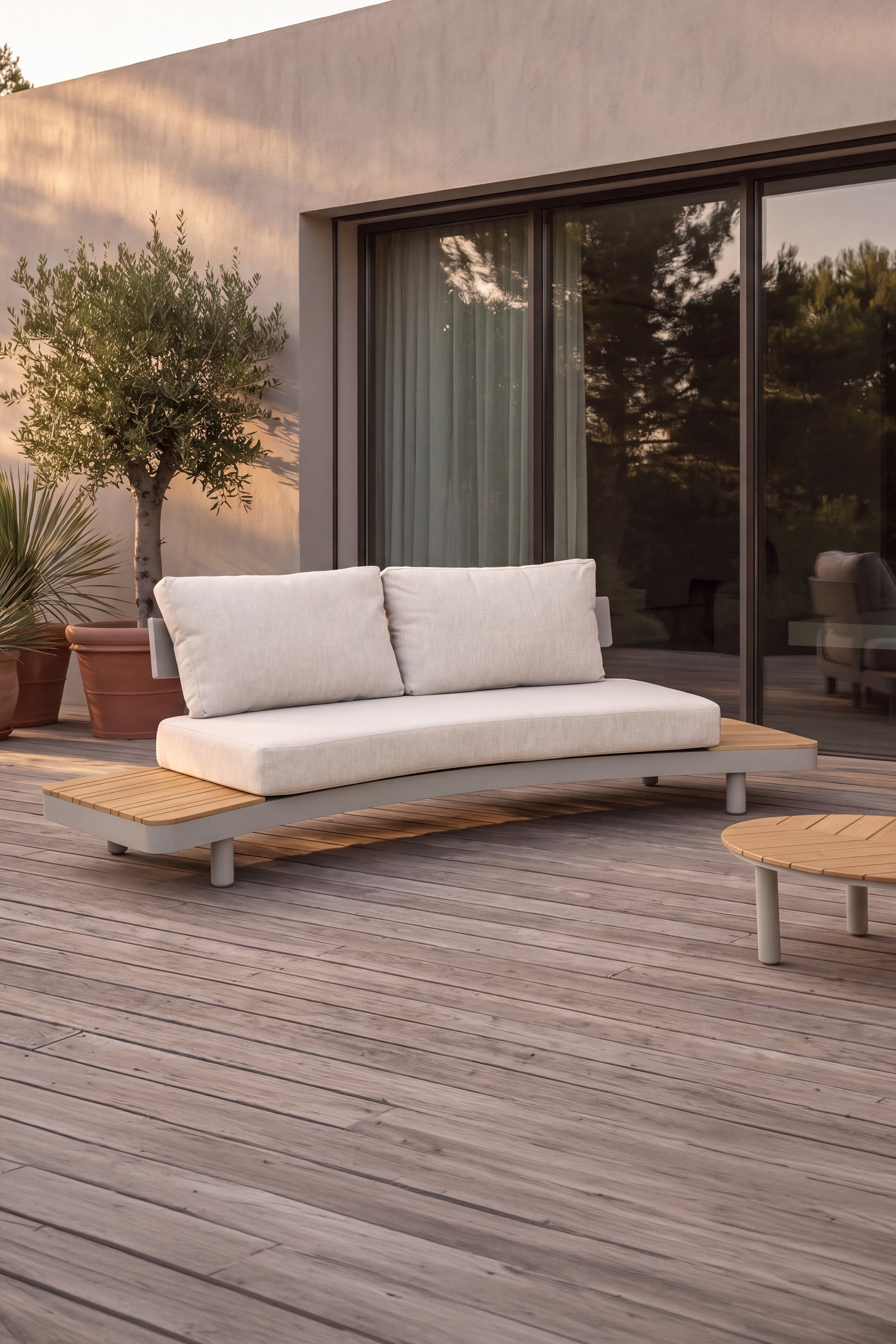 Set da giardino con divano 2 posti e tavolino ovale 110x69cm, Arya, Beige e legno di teak - Immagine dettaglio 1