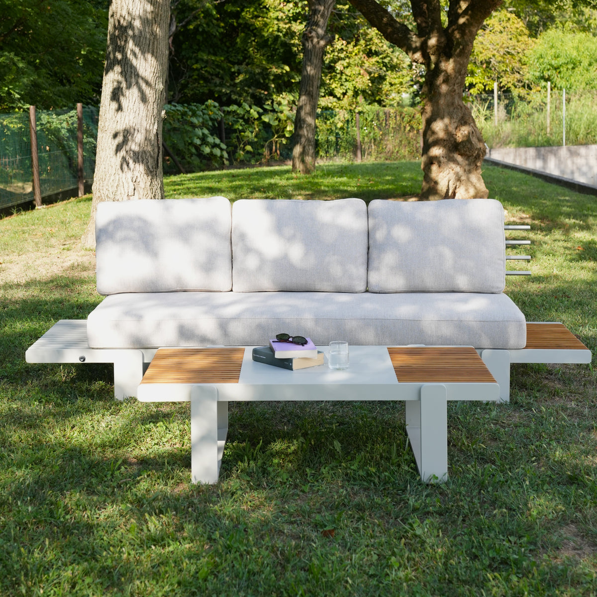 3-seater garden sofa Nora, with reclining right side, 255x89x72 cm, Beige and teak