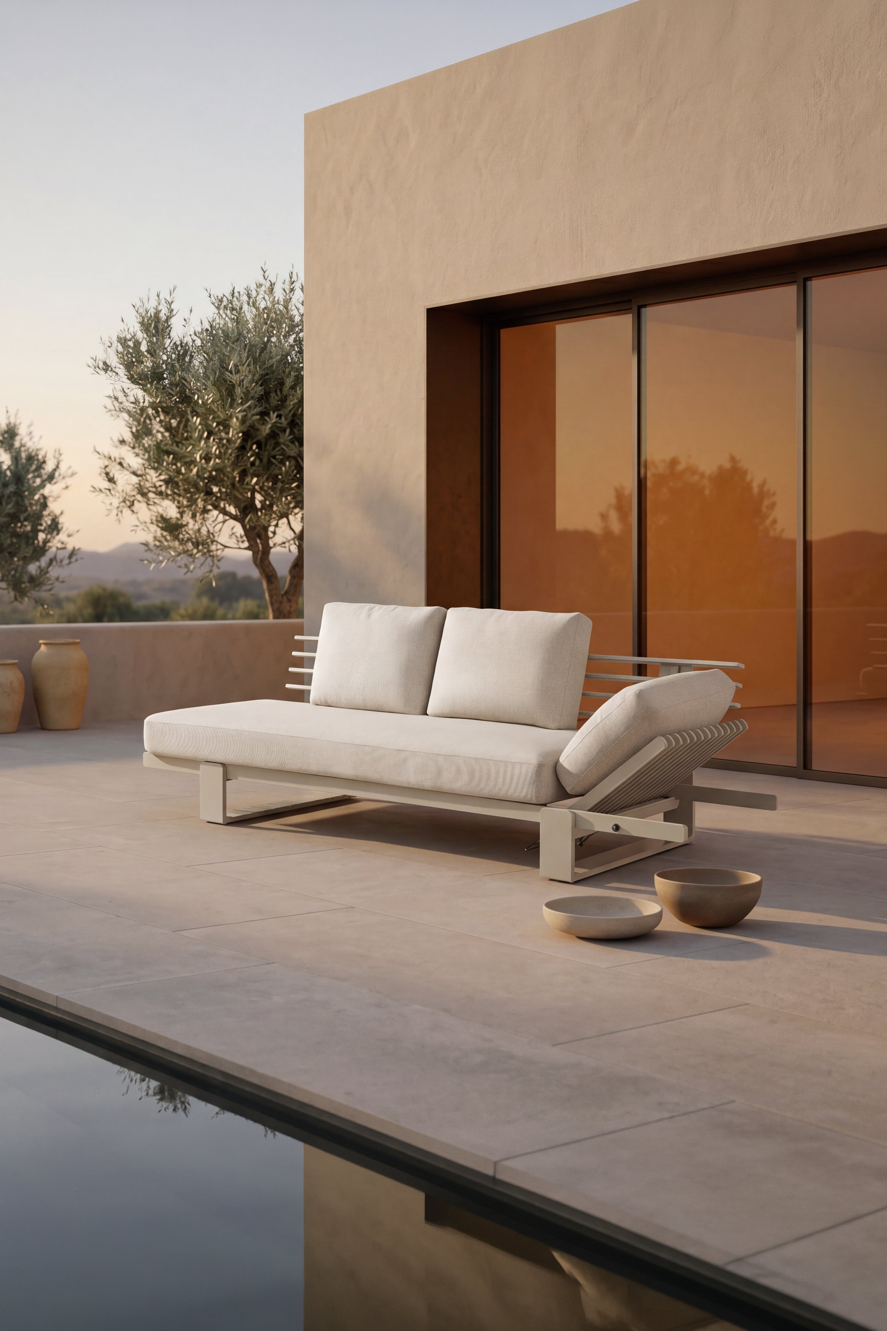 Canapé de jardin 3 places avec tablette inclinable à gauche Nora, 255x89x72 cm, Beige et teck - Image de détail 2