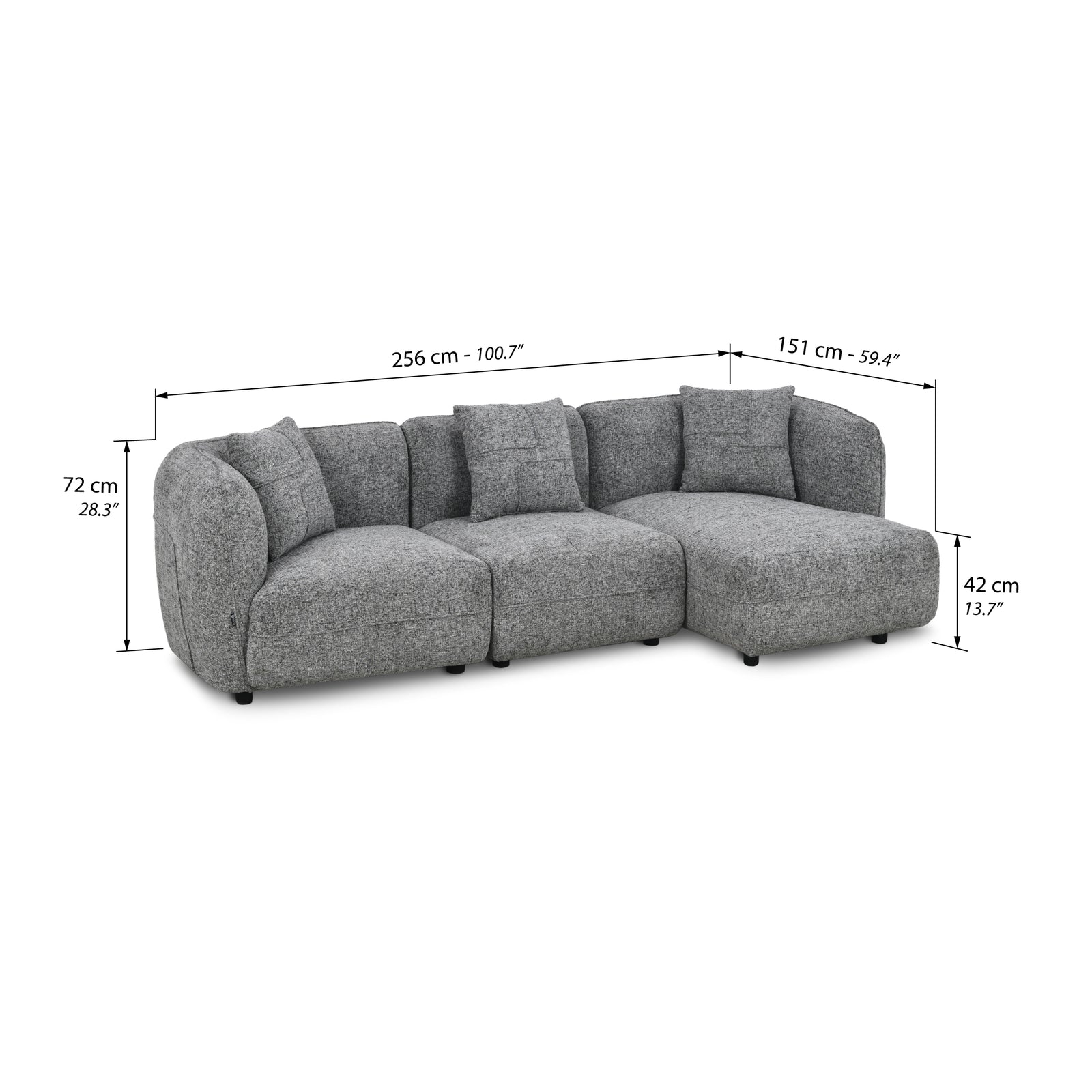Canapé d'angle 3 places Olivia 256x151 cm, Gris Mélange - Immagine tecnica 1