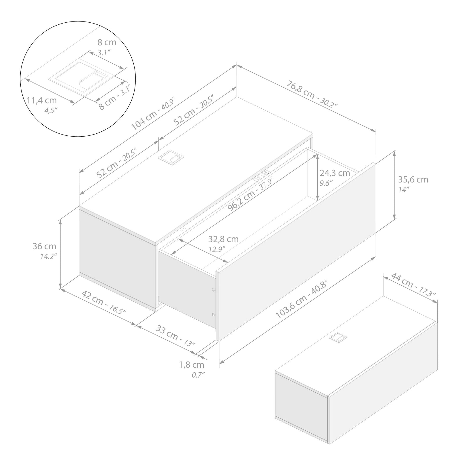 Ensemble Mural Easy 1, Bois Rustique, 208x44x36 cm - Immagine tecnica 2