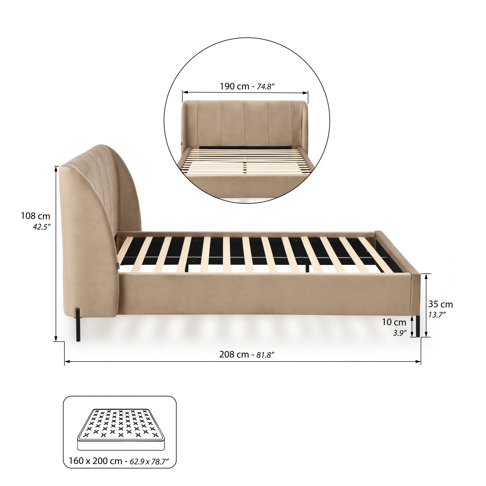 Lit double rembourré Greta pour matelas 160x200 cm, Camel - Immagine tecnica 1