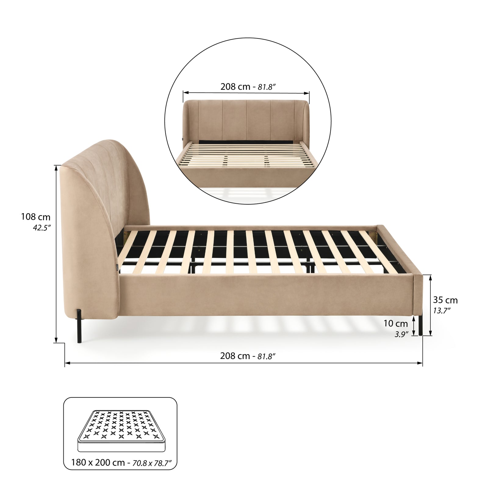 Gepolstertes Doppelbett Greta für Matratze 180x200 cm, Kamel - Immagine tecnica 1