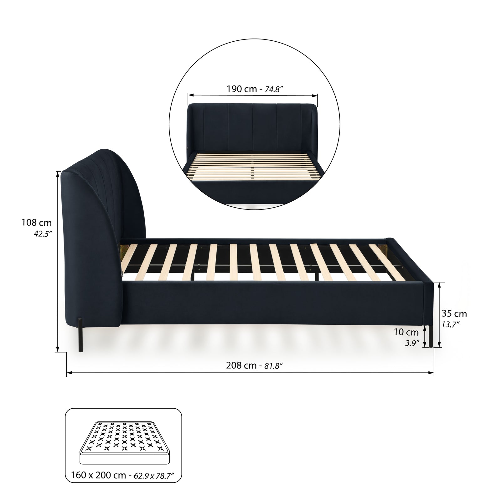 Lit double rembourré Greta pour matelas 160x200 cm, Bleu nuit - Immagine tecnica 1