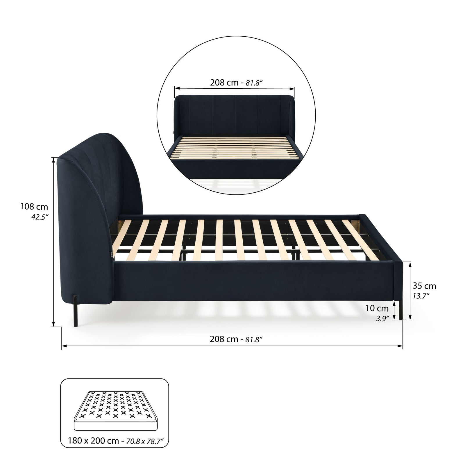 Gepolstertes Doppelbett Greta für Matratze 180x200 cm, Nachtblau - Immagine tecnica 1