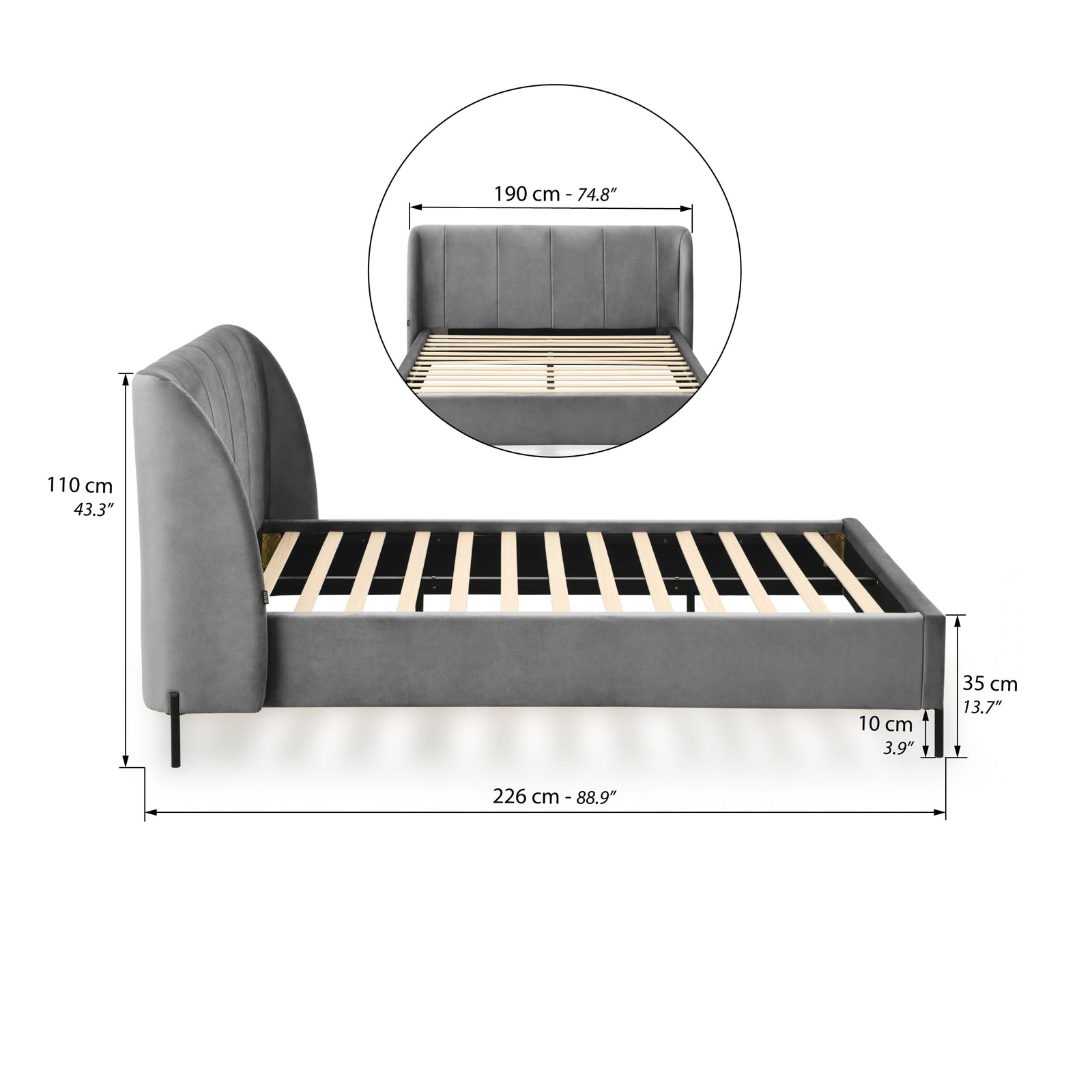 Gepolstertes Doppelbett Greta 160x200 cm, Rauchgrau - Immagine tecnica 1