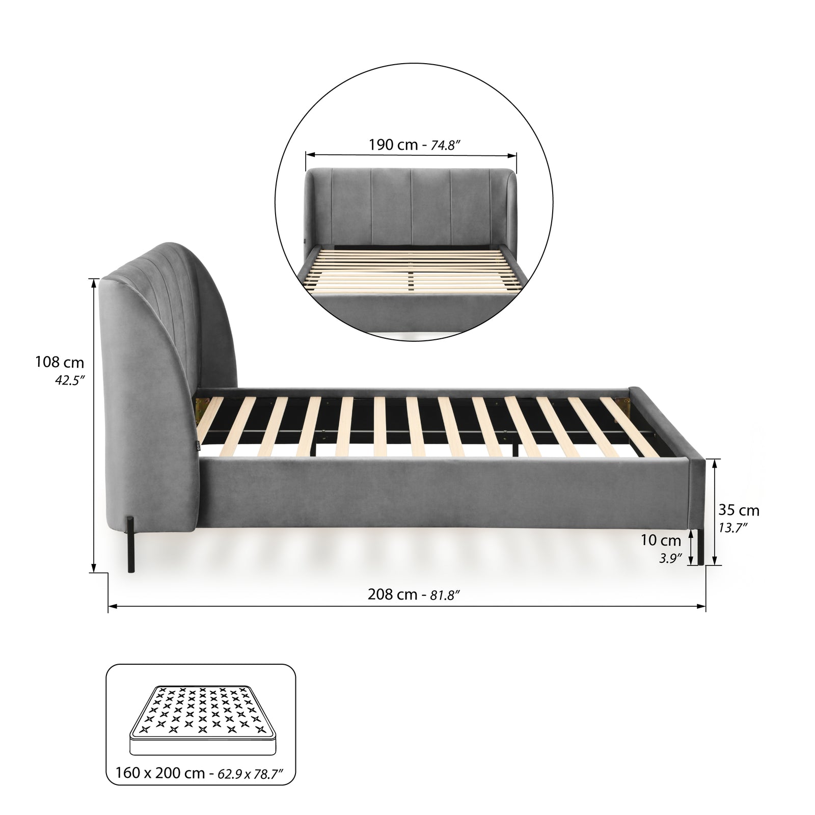 Padded double bed Greta for mattress 160x200 cm, Smoke Grey - Immagine tecnica 1