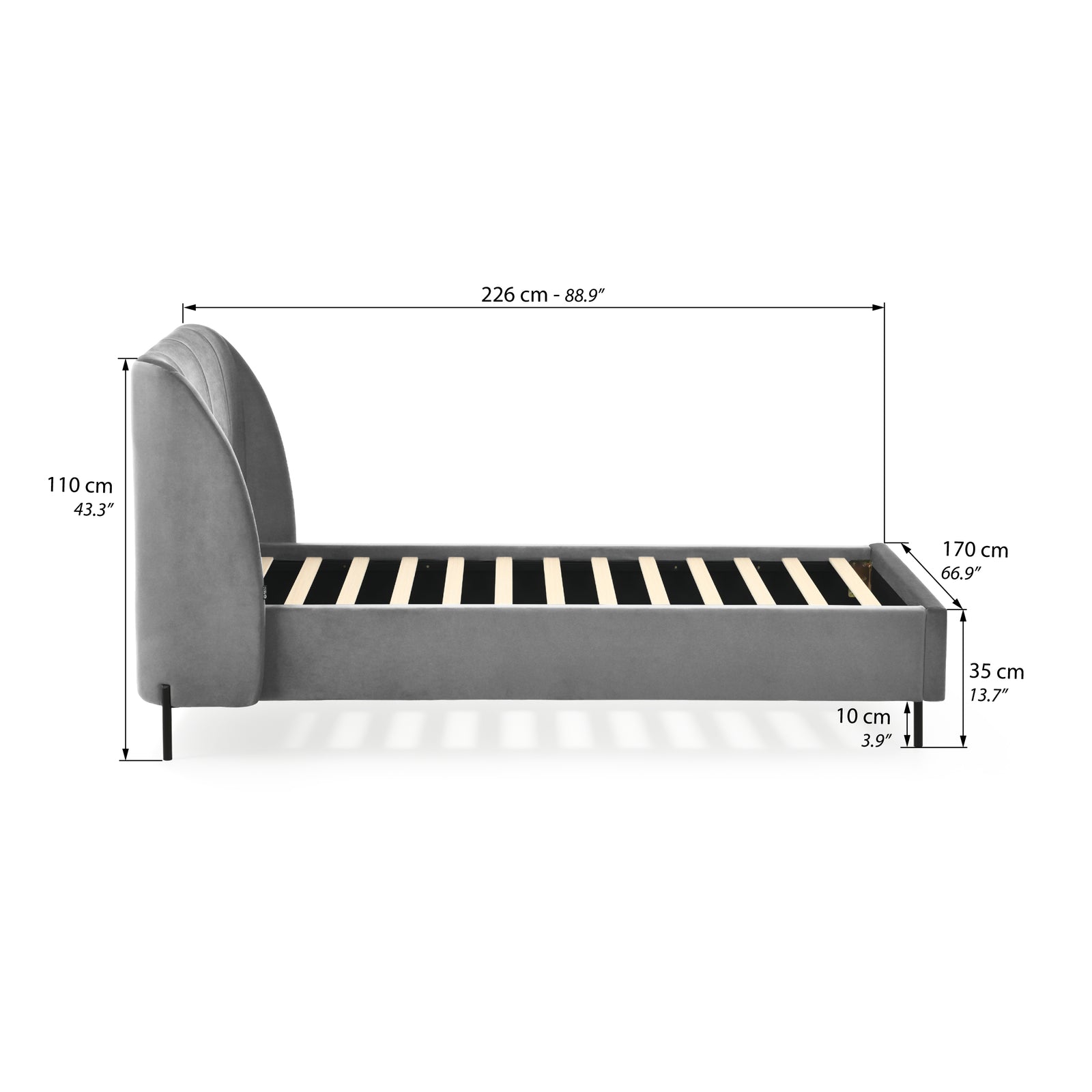 Greta upholstered single bed, 90x200 cm, Smoke Grey - Immagine tecnica 1