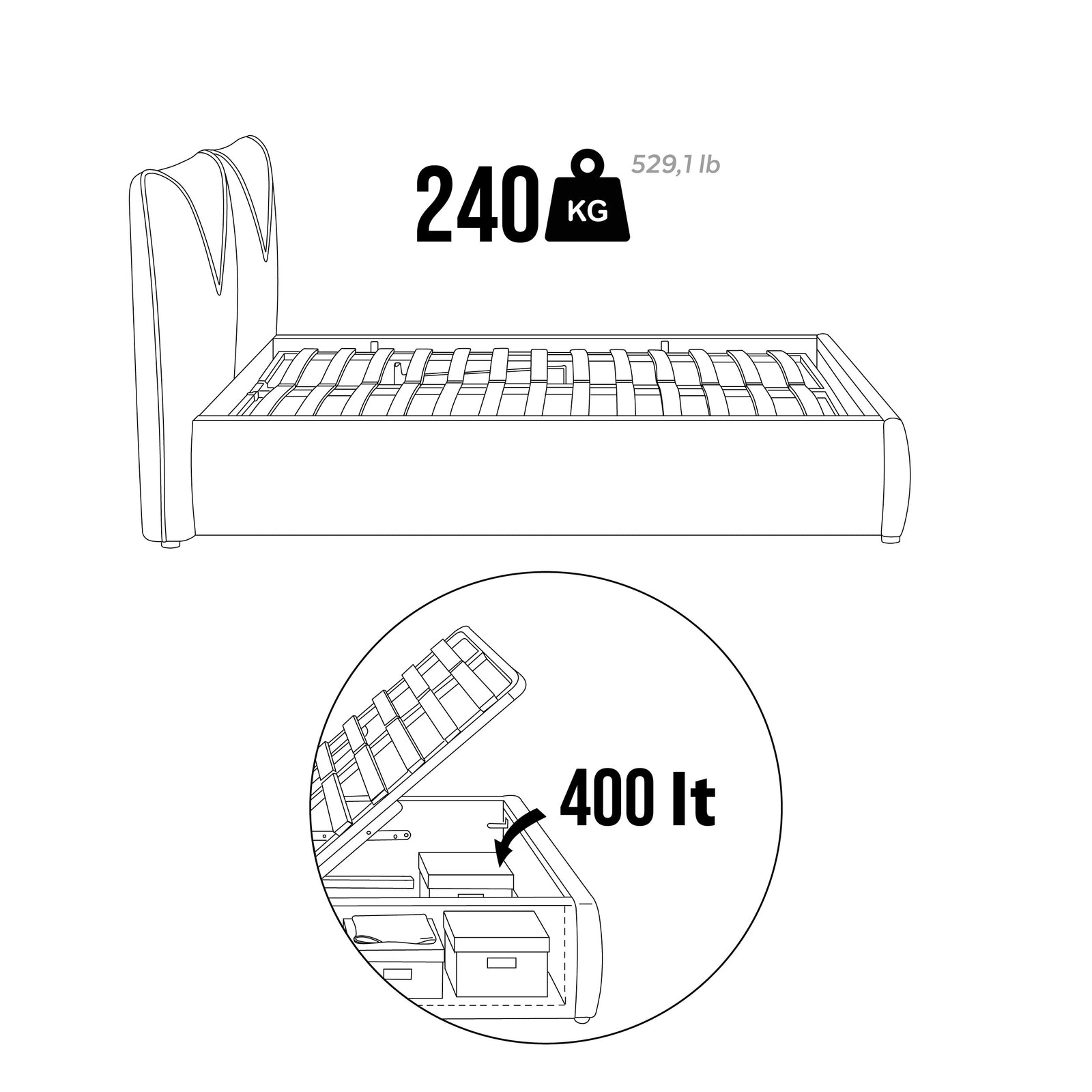 Martino double bed with storage, 160x200 cm, Gray - Immagine tecnica 2