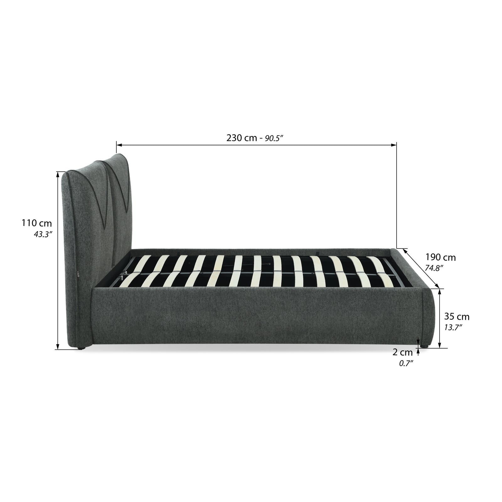 Martino double bed with storage, 160x200 cm, Gray - Immagine tecnica 1