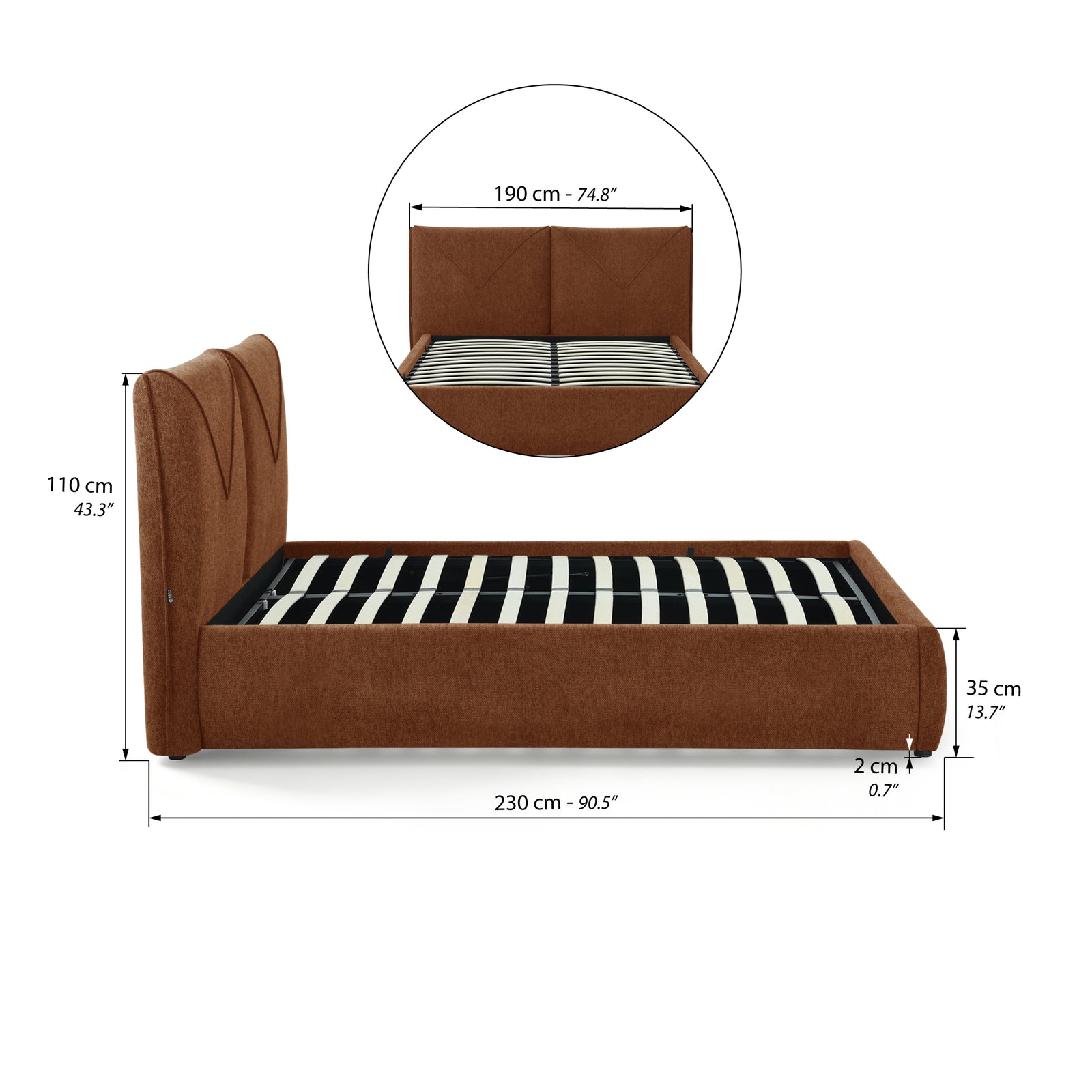 Doppelbett mit Bettkasten Martino 160x200 cm, Ziegelrot - Immagine tecnica 1
