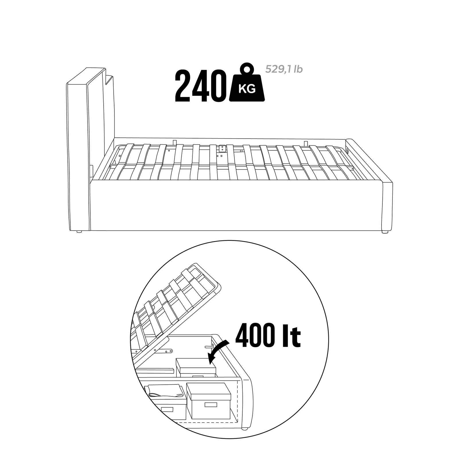 Letto matrimoniale con contenitore Ricardo 160x200 cm, Bianco Crema - Immagine tecnica 2