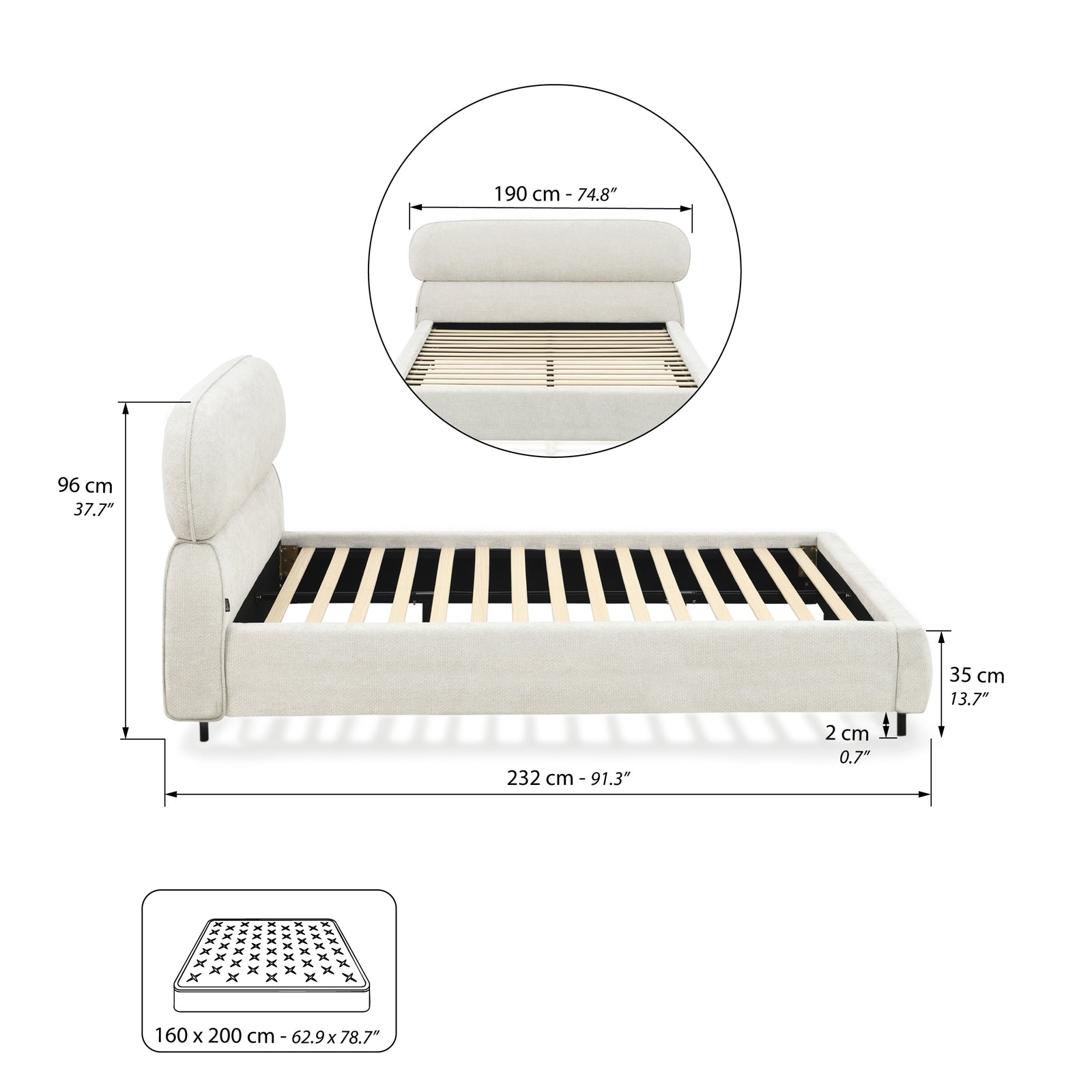 Padded double bed Rossella for mattress 160x200 cm, Ash White - Immagine tecnica 1