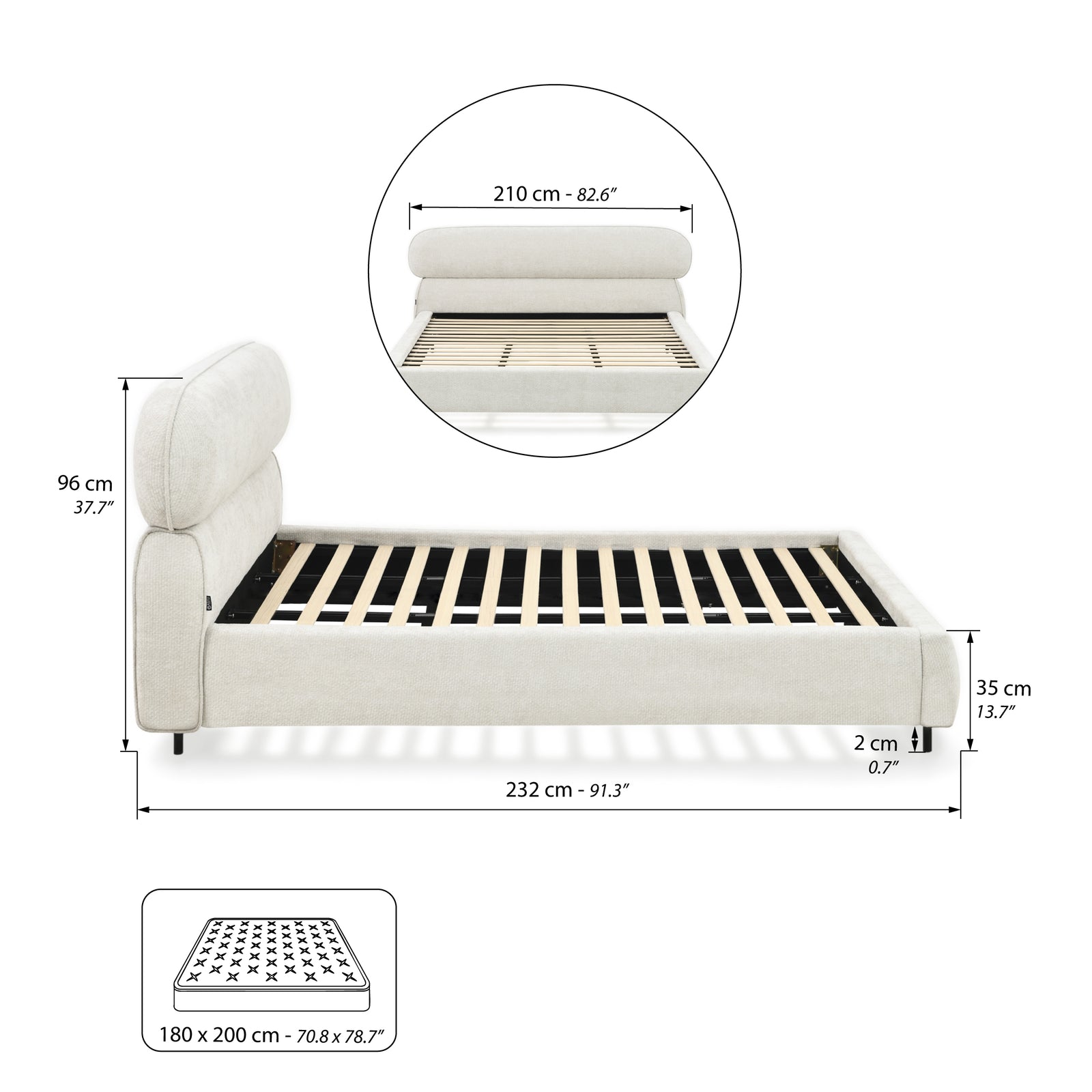 Lit double rembourré Rossella pour matelas 180x200 cm, Blanc Cendré - Immagine tecnica 1
