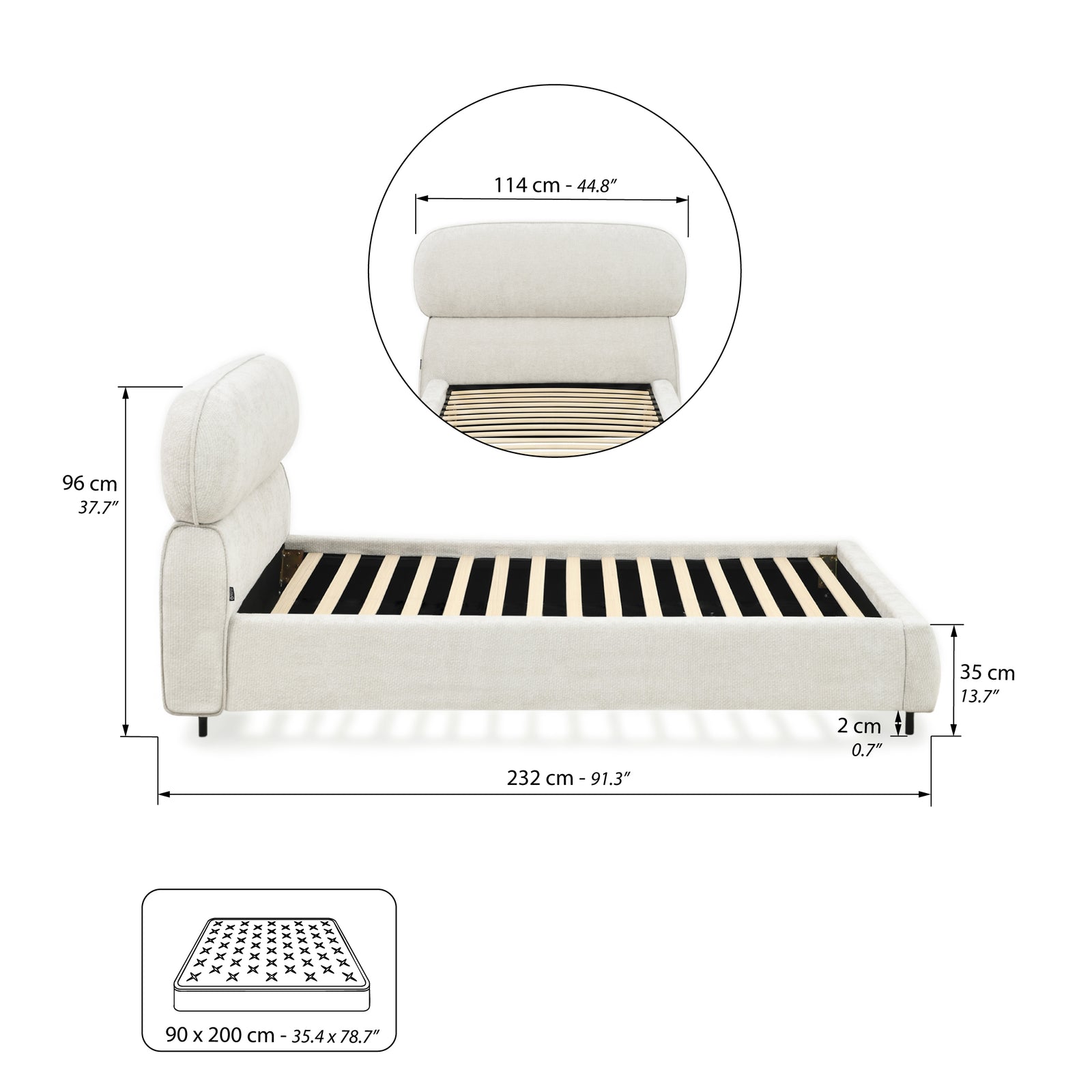 Lit simple rembourré Rossella pour matelas 90x200 cm, Blanc Cendré - Immagine tecnica 1