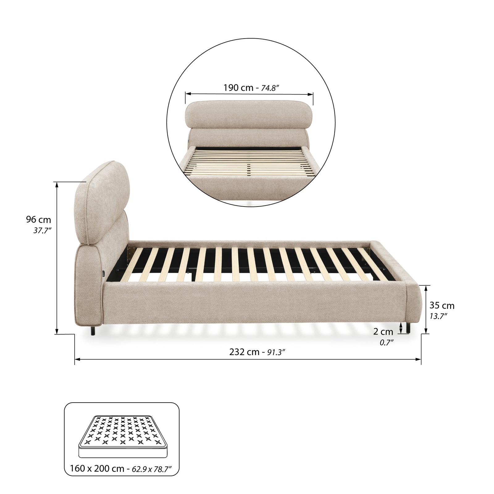 Lit double rembourré Rossella pour matelas 160x200 cm, Sable - Immagine tecnica 1