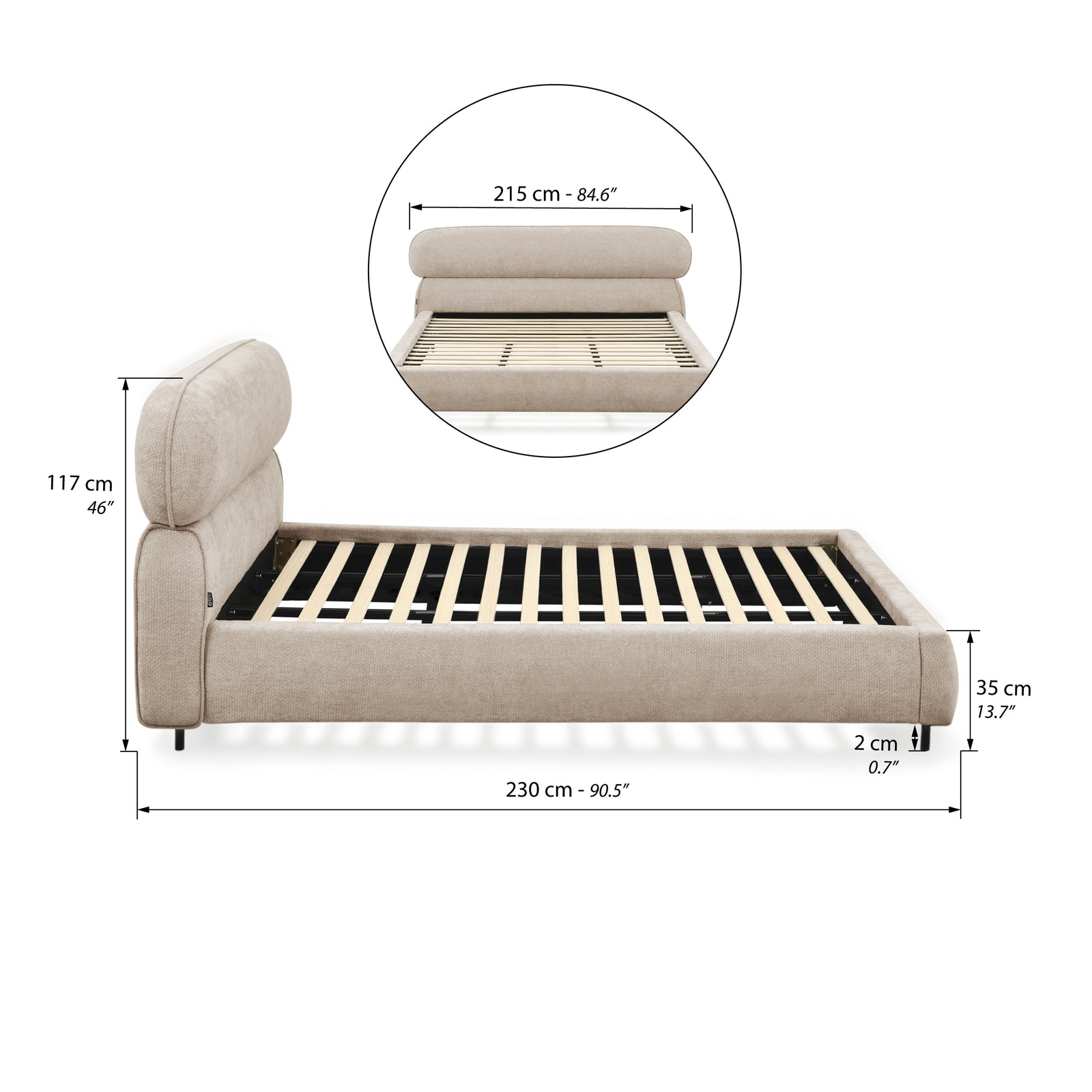 Gepolstertes Doppelbett Rossella 180x200 cm, Sand - Immagine tecnica 1