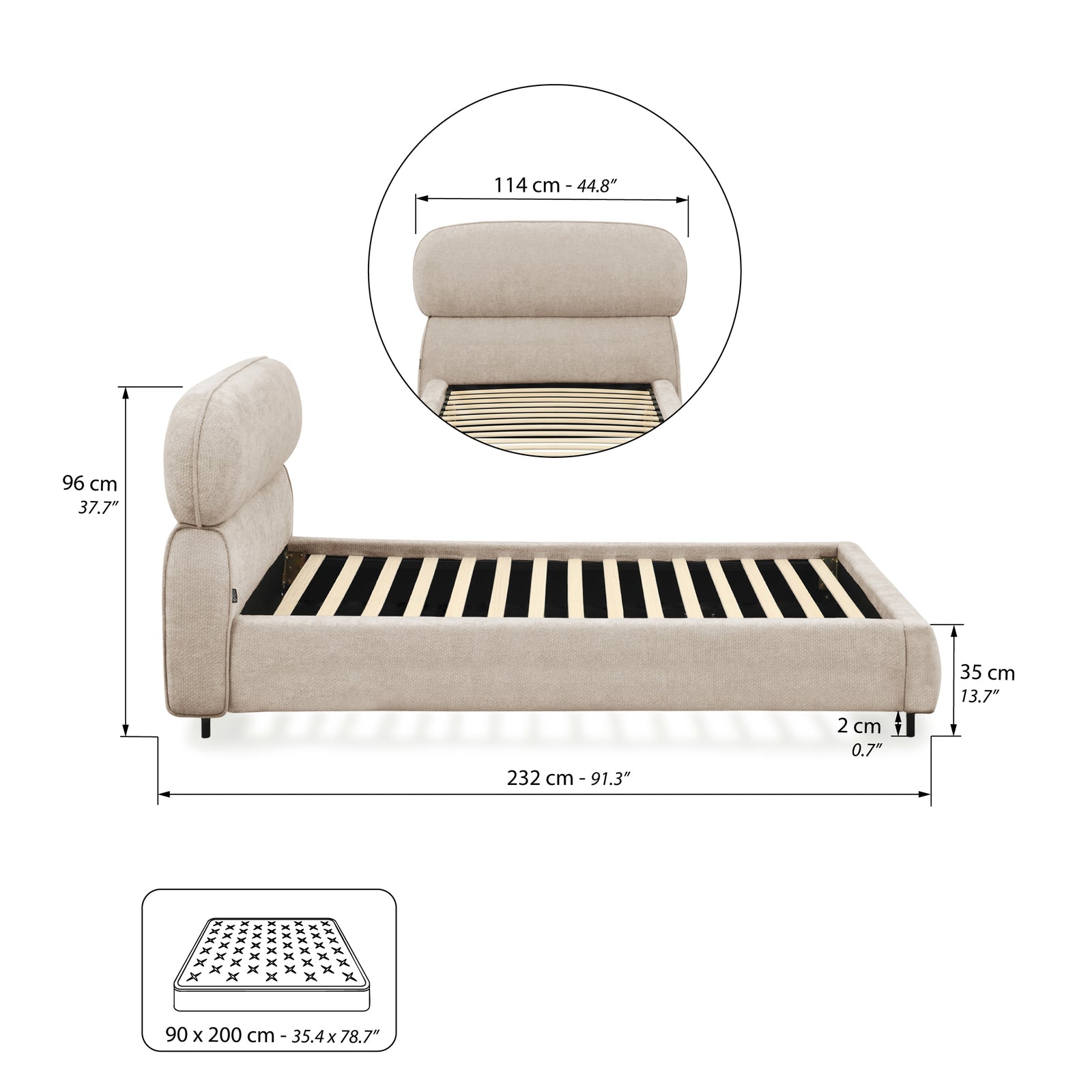 Padded single bed Rossella for mattress 90x200 cm, Sand - Immagine tecnica 1