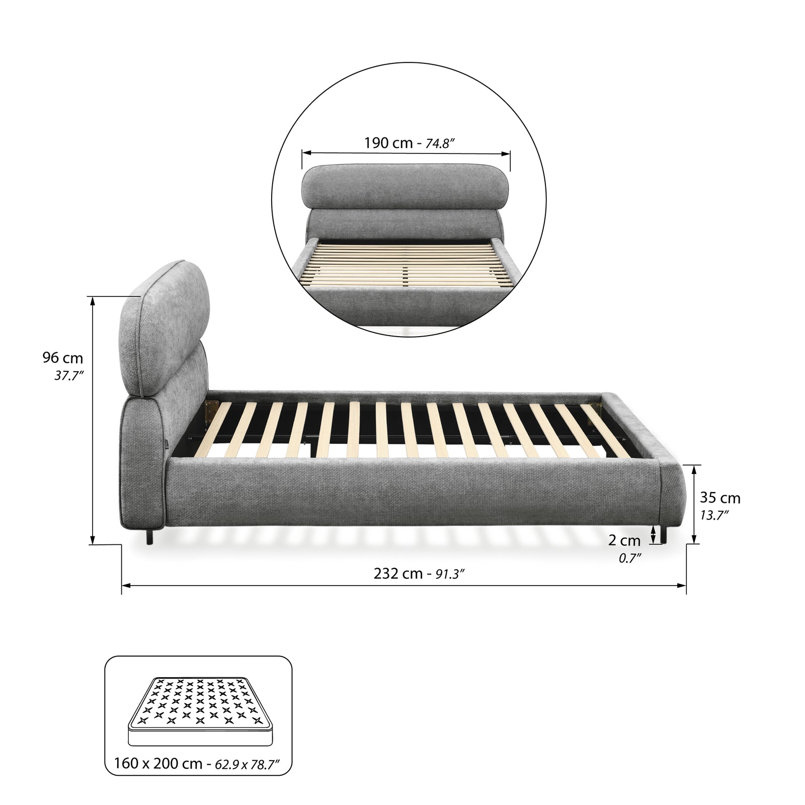 Padded double bed Rossella for mattress 160x200 cm, Stone Grey - Immagine tecnica 1