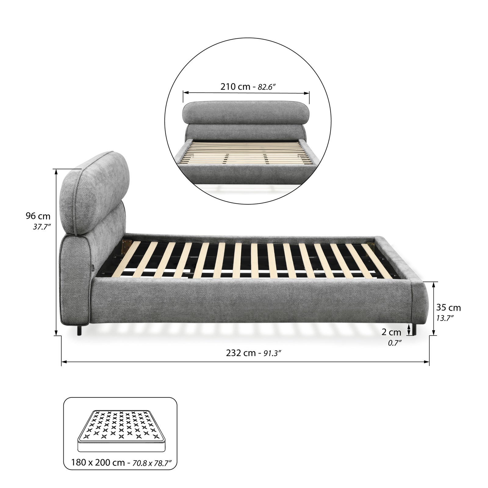 Letto matrimoniale imbottito Rossella per materasso 180x200 cm, Grigio Pietra - Immagine tecnica 1