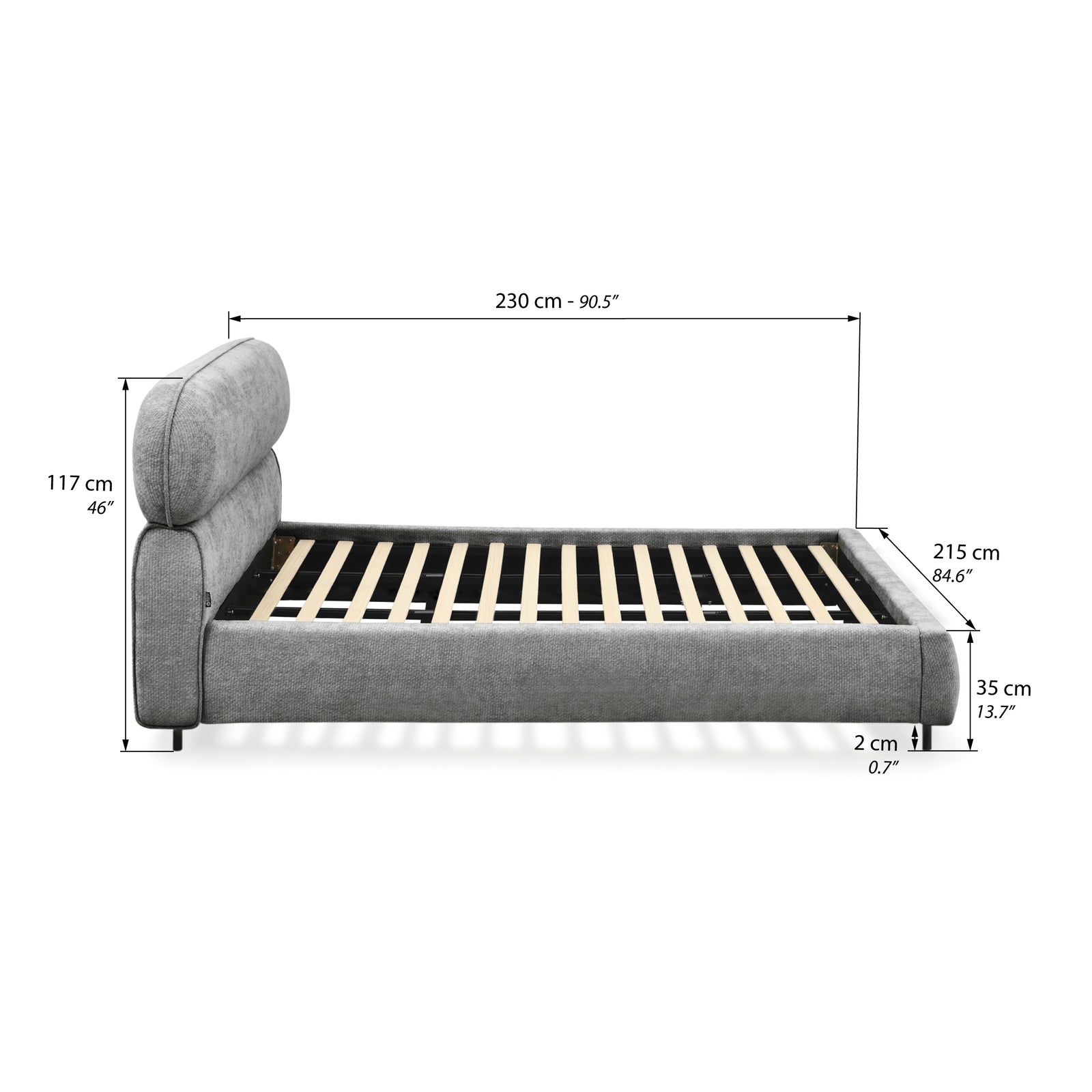 Cama de casal estofada Rossella 180x200 cm, Cinza Pedra - Immagine tecnica 1