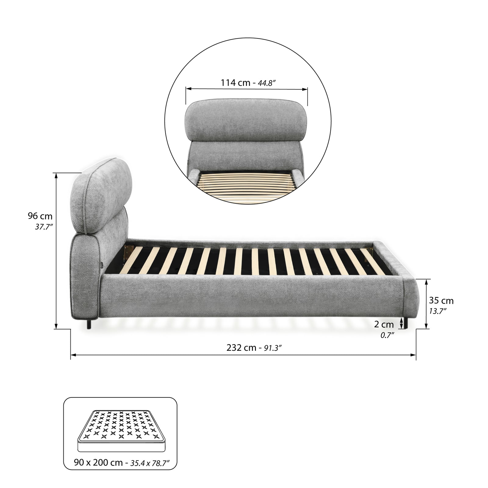 Letto singolo imbottito Rossella per materasso 90x200 cm, Grigio Pietra - Immagine tecnica 1