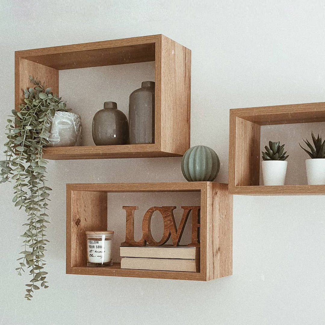Set of 3 Rectangular Cube Shelves, Giuditta, Rustic Oak - Set image 1