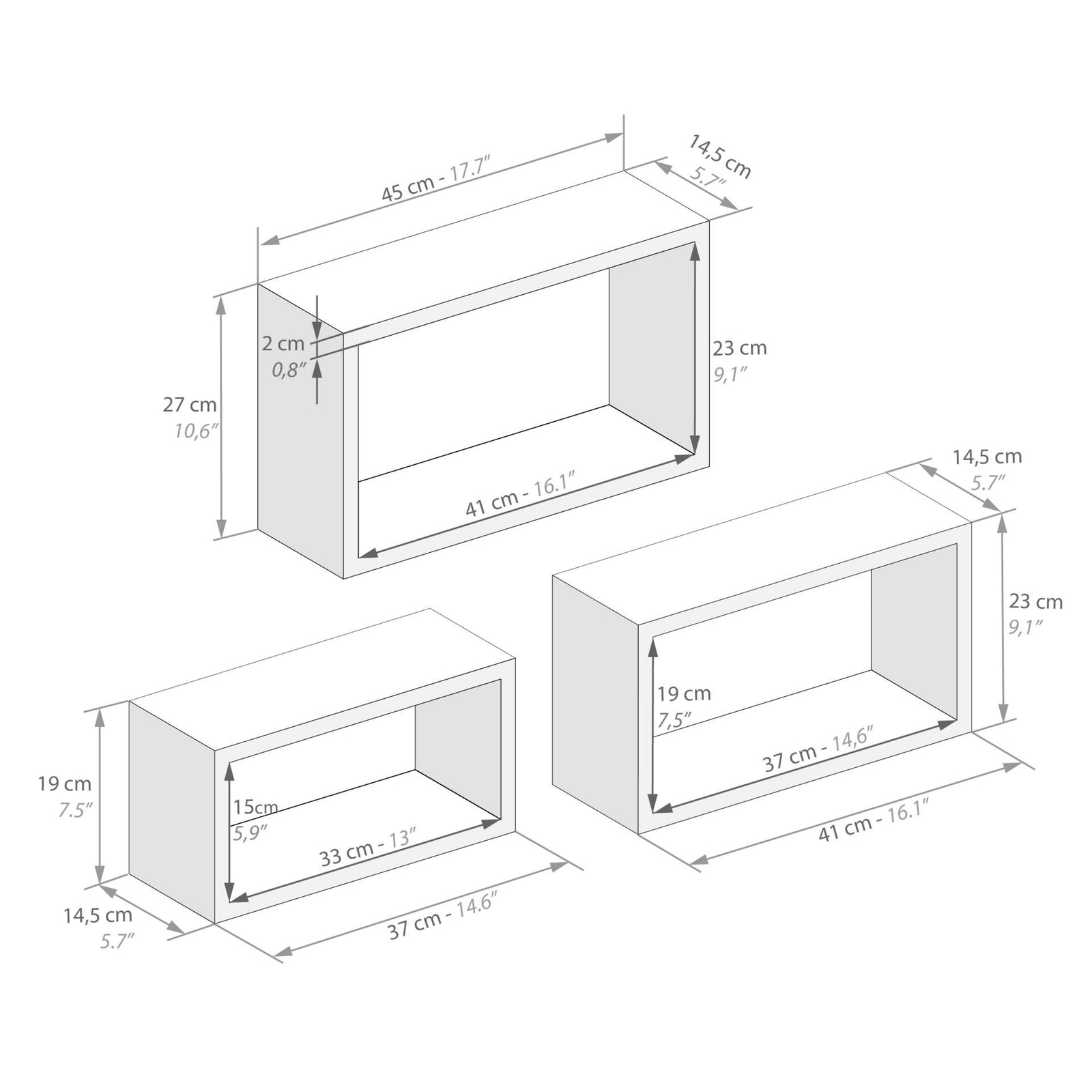 Cubi da parete Rettangolari, Set da 3, Giuditta, Olmo Perla - Immagine tecnica 1