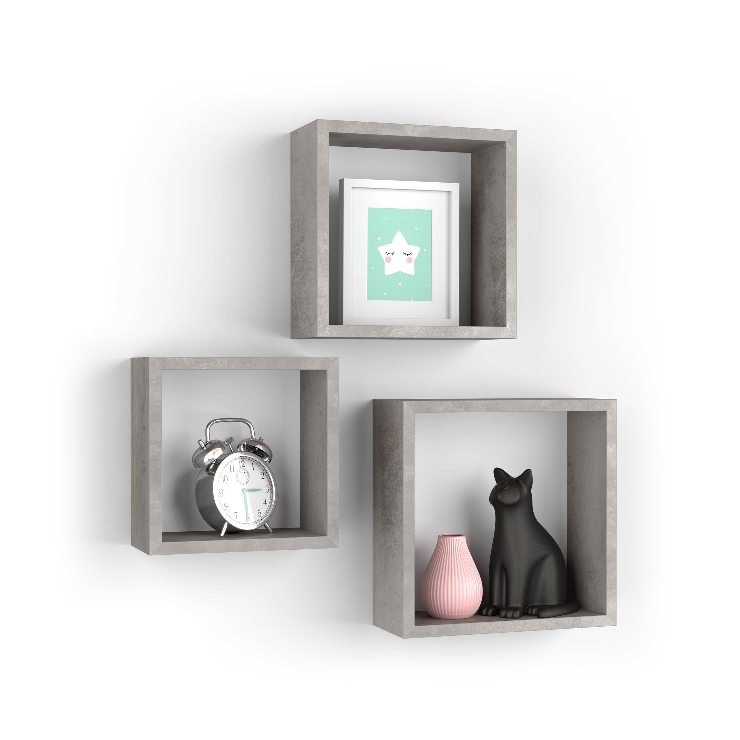Set of 3 Cube Shelves, Giuditta, Concrete Effect, Grey