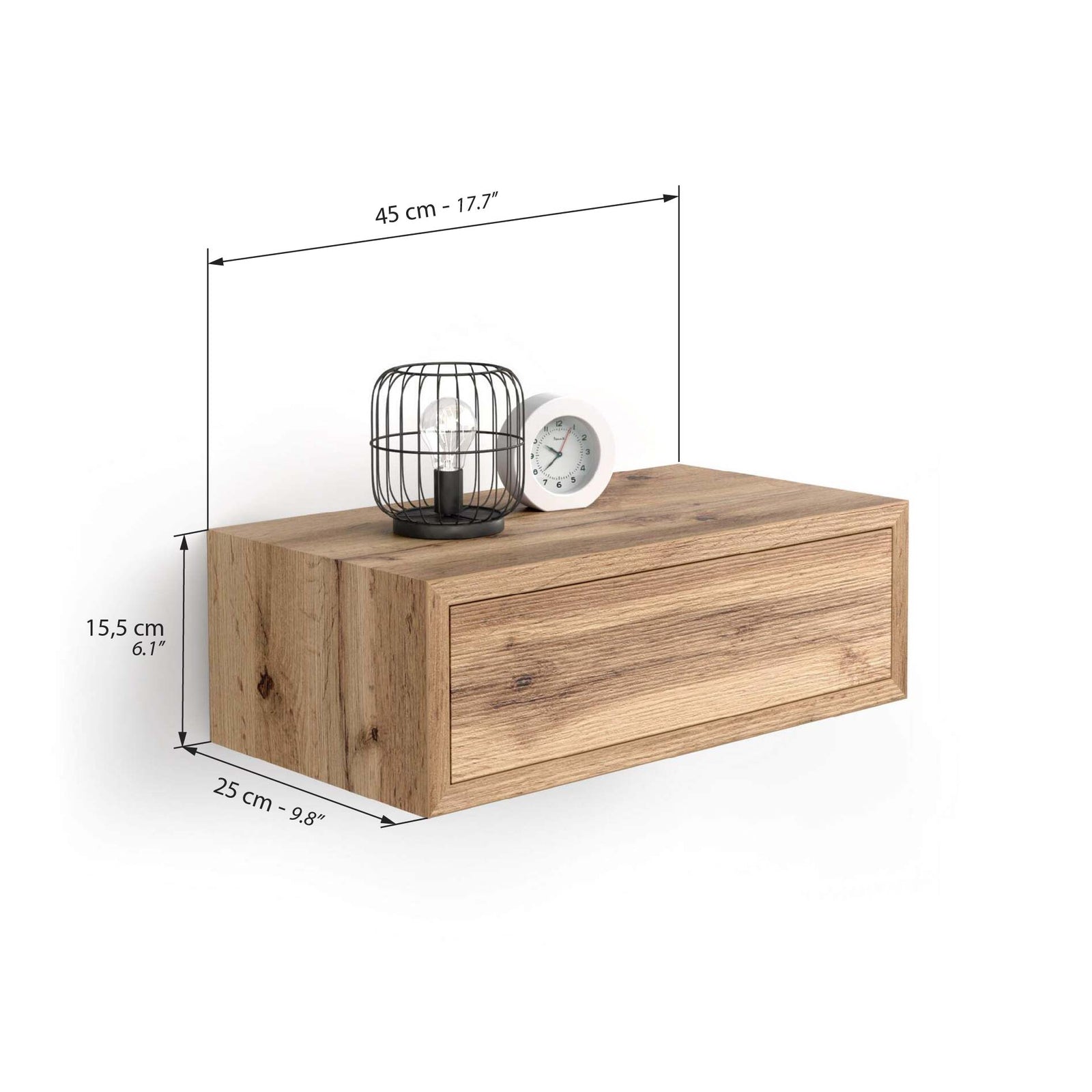 Riccardo Wall bedside table, Rustic Oak - Immagine tecnica 1