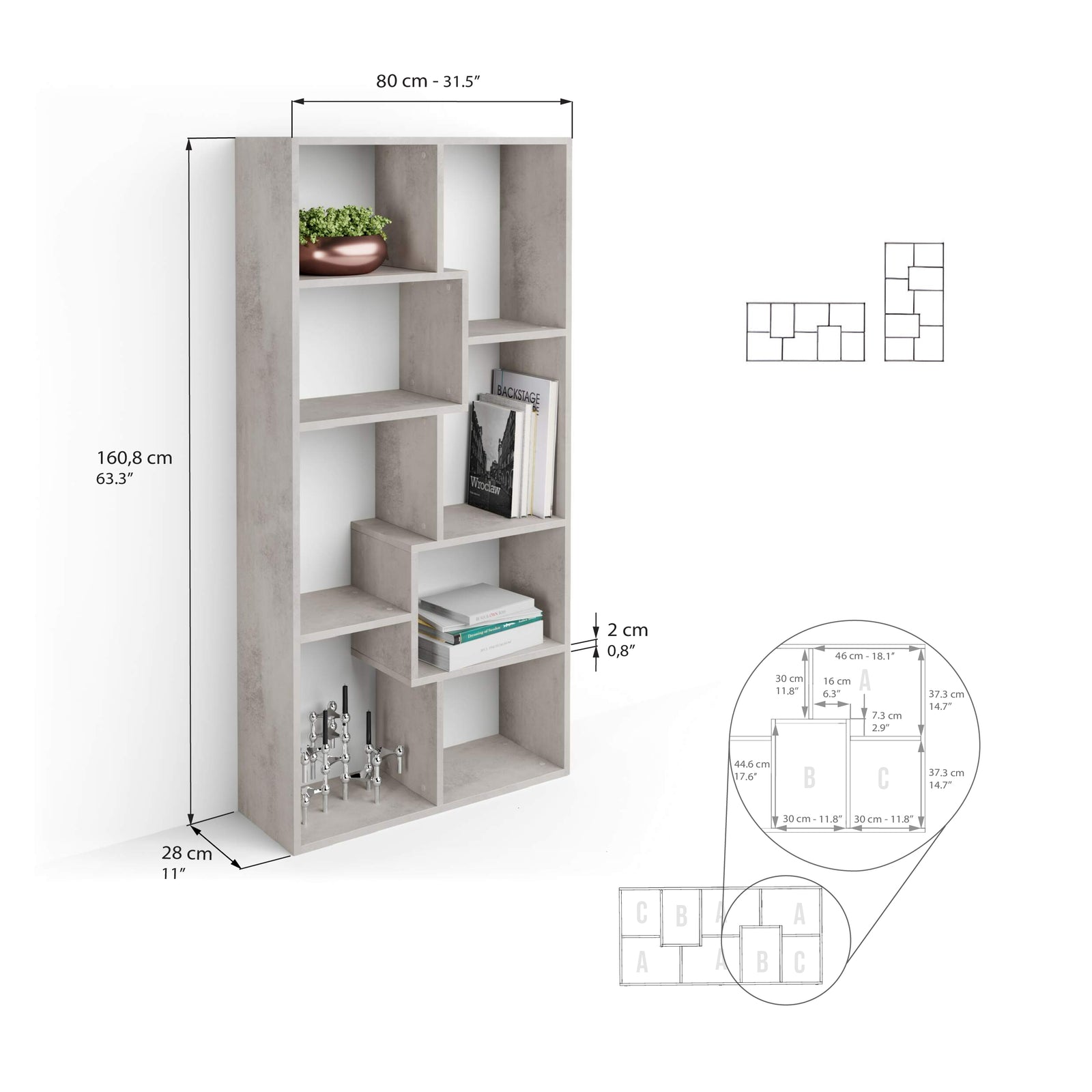 Iacopo XS (160.8 x 80 cm), Concrete Effect, Grey - Immagine tecnica 1