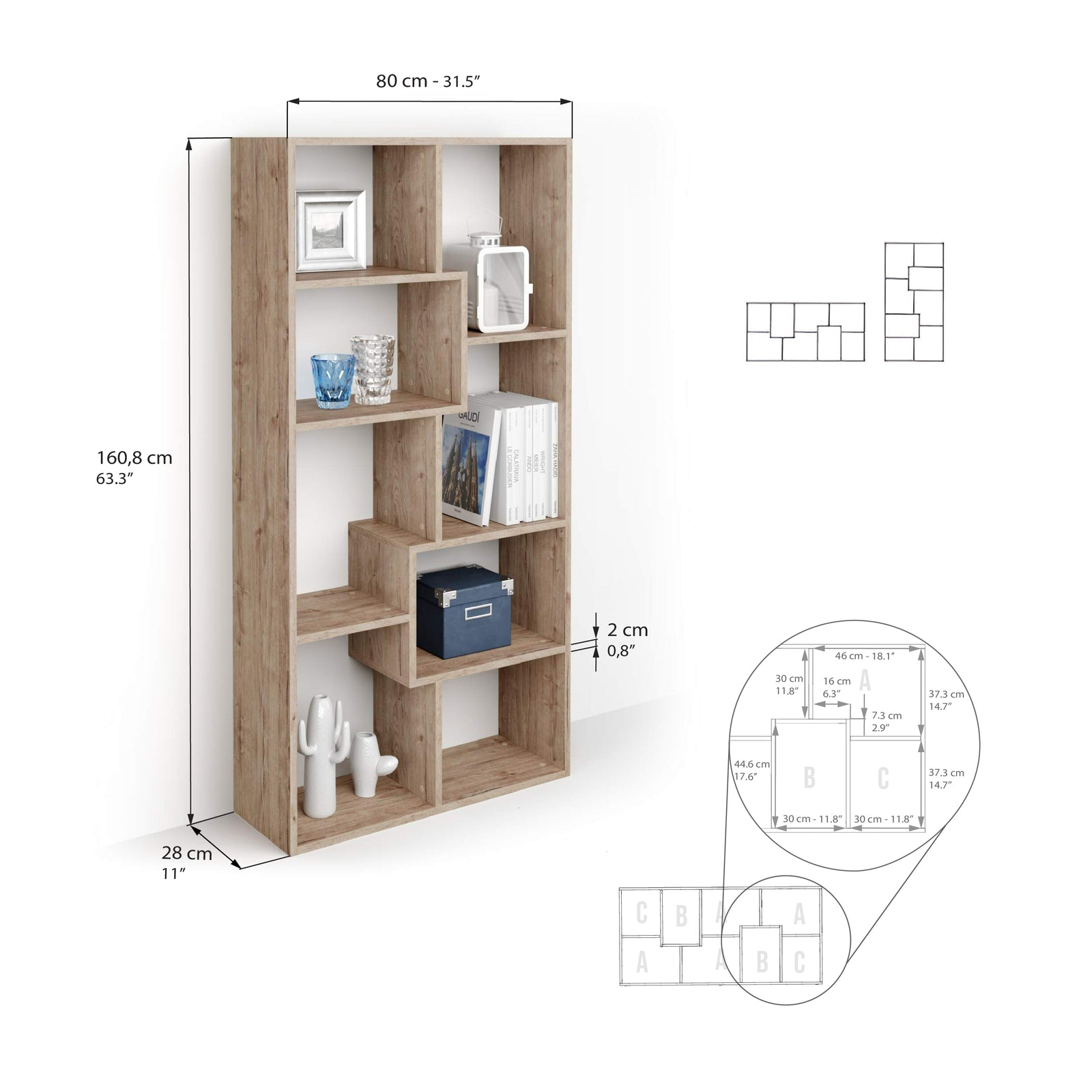 Iacopo XS Bookcase (160.8 x 80 cm), Oak - Immagine tecnica 1