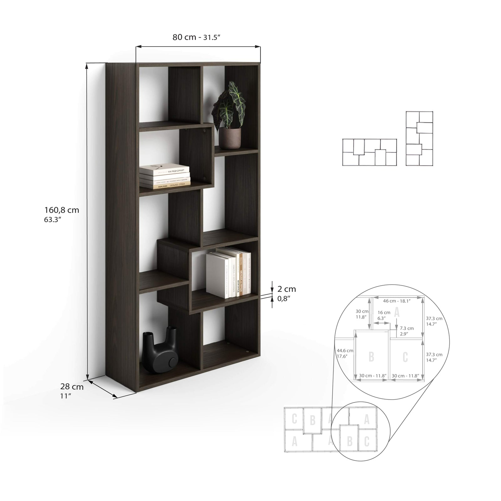 Iacopo XS Bookcase (160.8 x 80 cm), Dark Walnut - Immagine tecnica 1