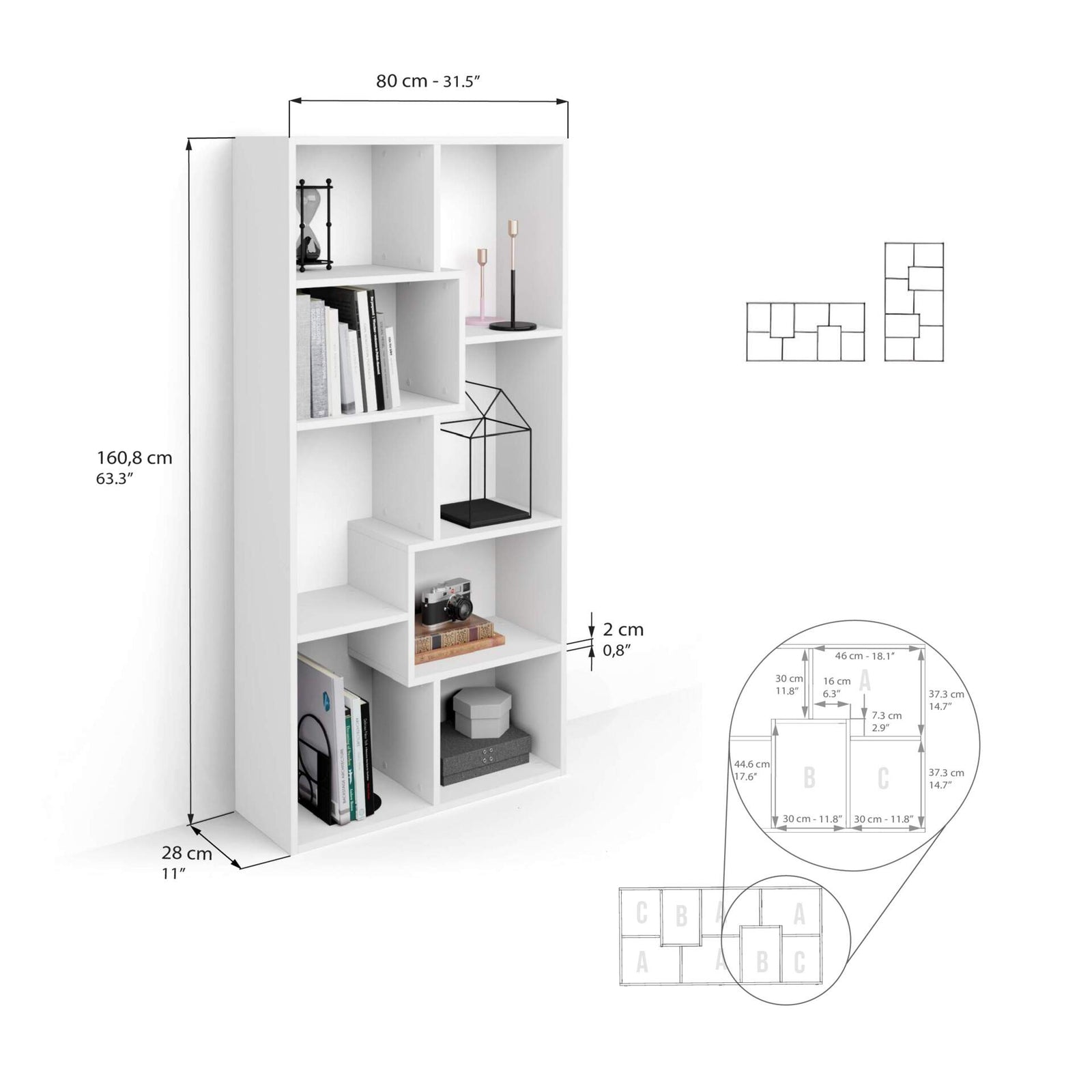 Bibliothèque XS Iacopo (160,8 x 80 cm), Frêne Blanc - Immagine tecnica 1