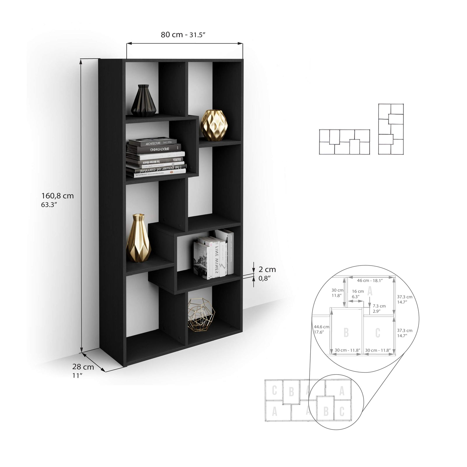 Libreria bassa XS Iacopo (160,8 x 80 cm), Nero Frassino - Immagine tecnica 1