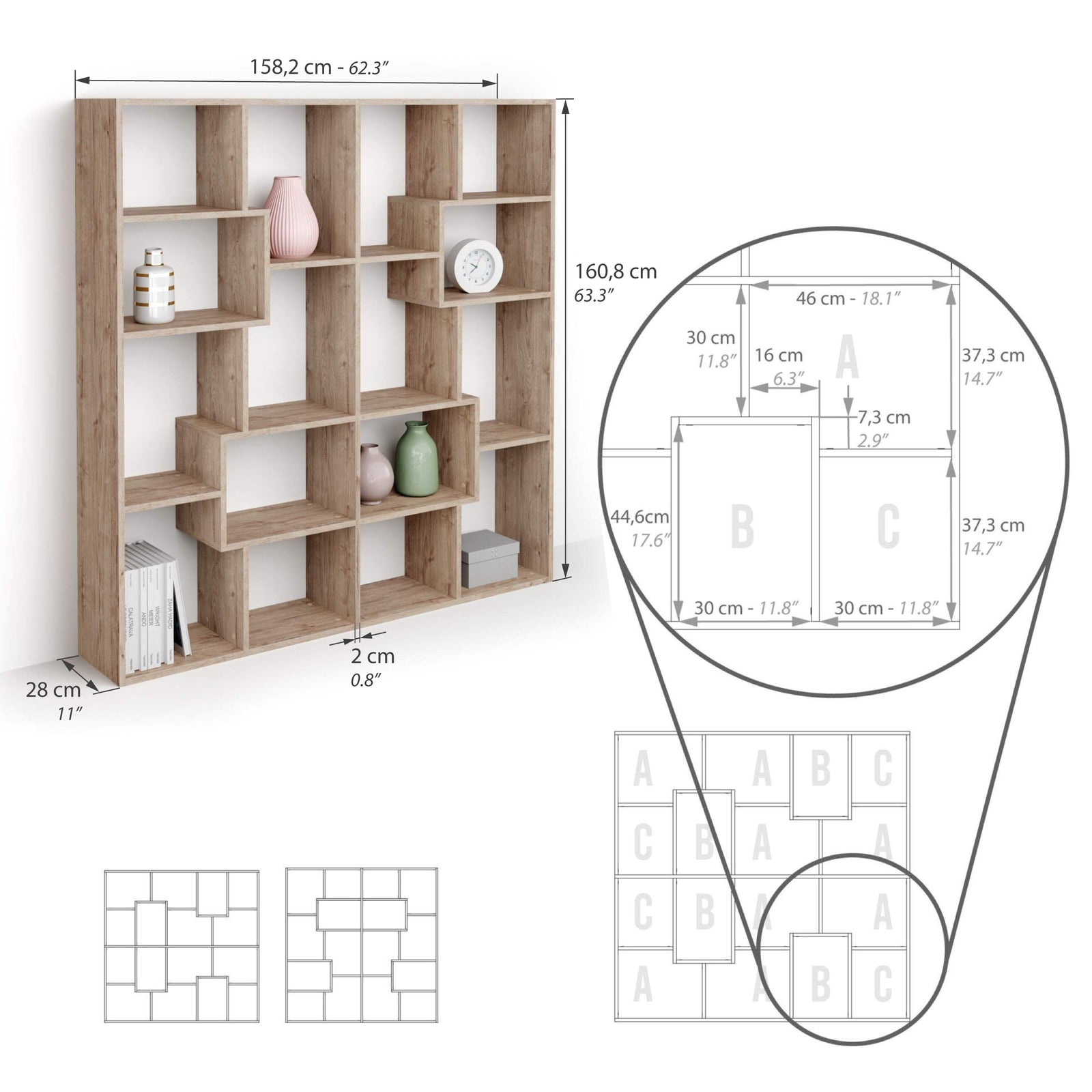 Iacopo S Bookcase (160.8 x 158.2 cm), Oak - Immagine tecnica 1