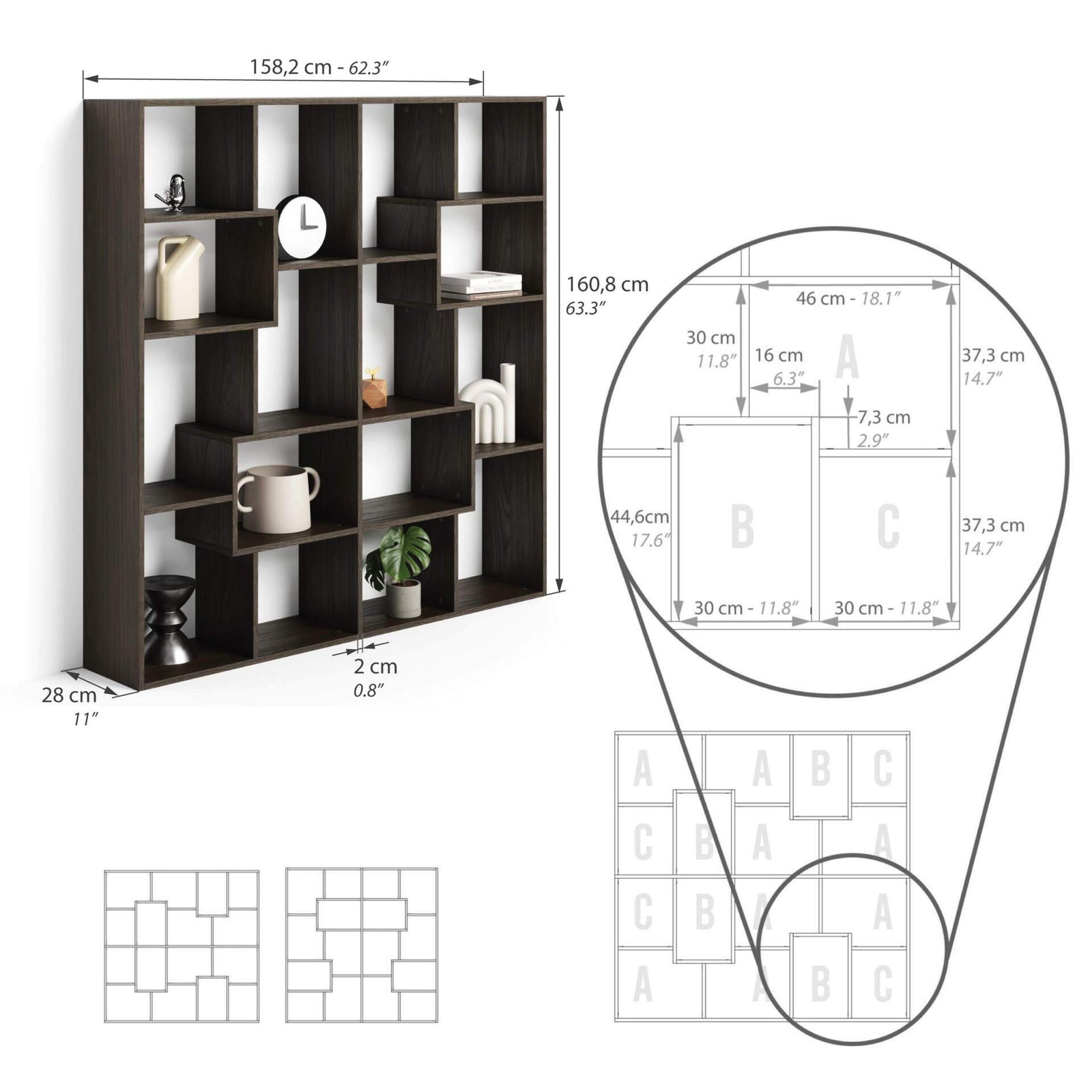 Iacopo S Bookcase (160.8 x 158.2 cm), Dark Walnut - Immagine tecnica 1