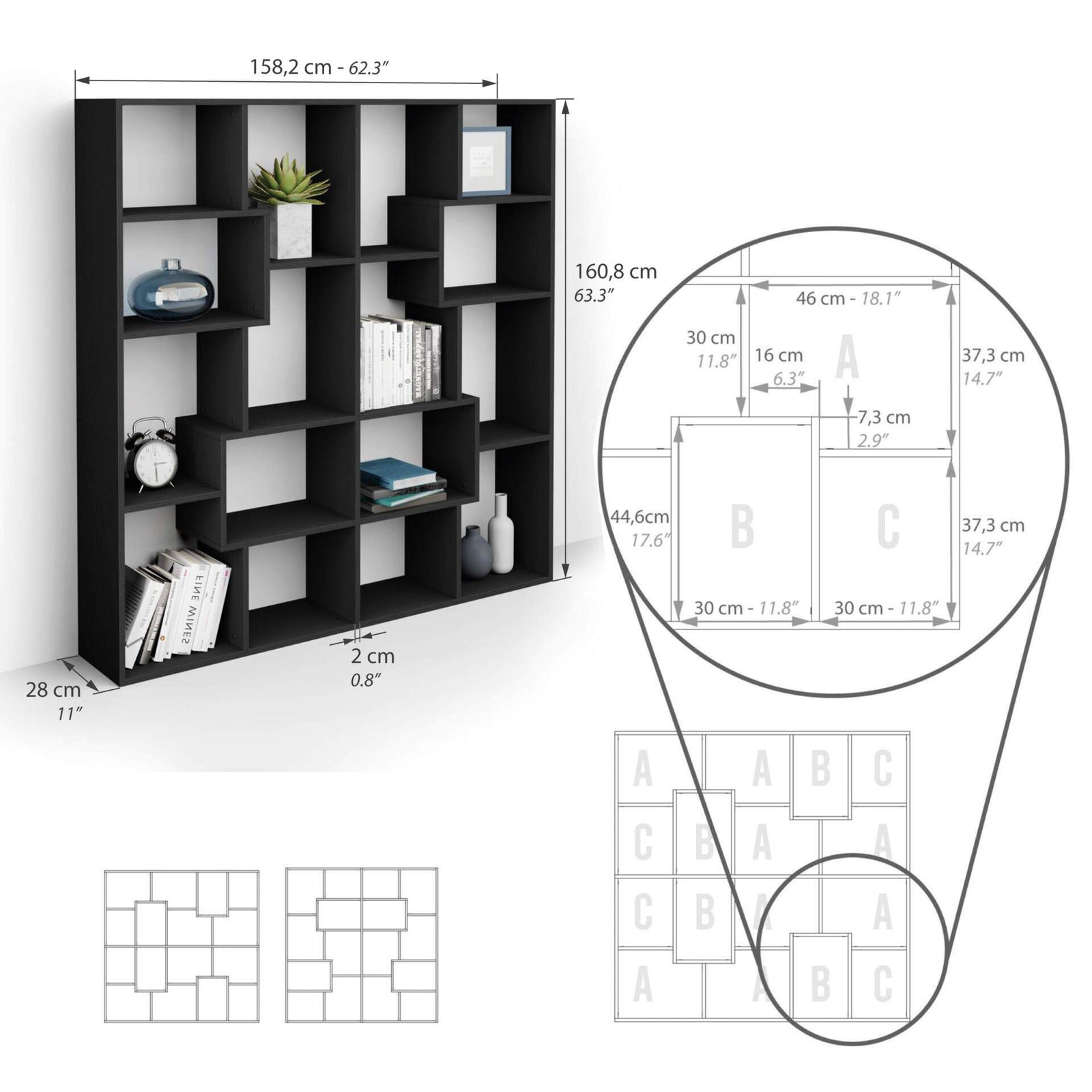 Libreria S Iacopo (160,8 X 158,2 cm), Nero Frassino - Immagine tecnica 1