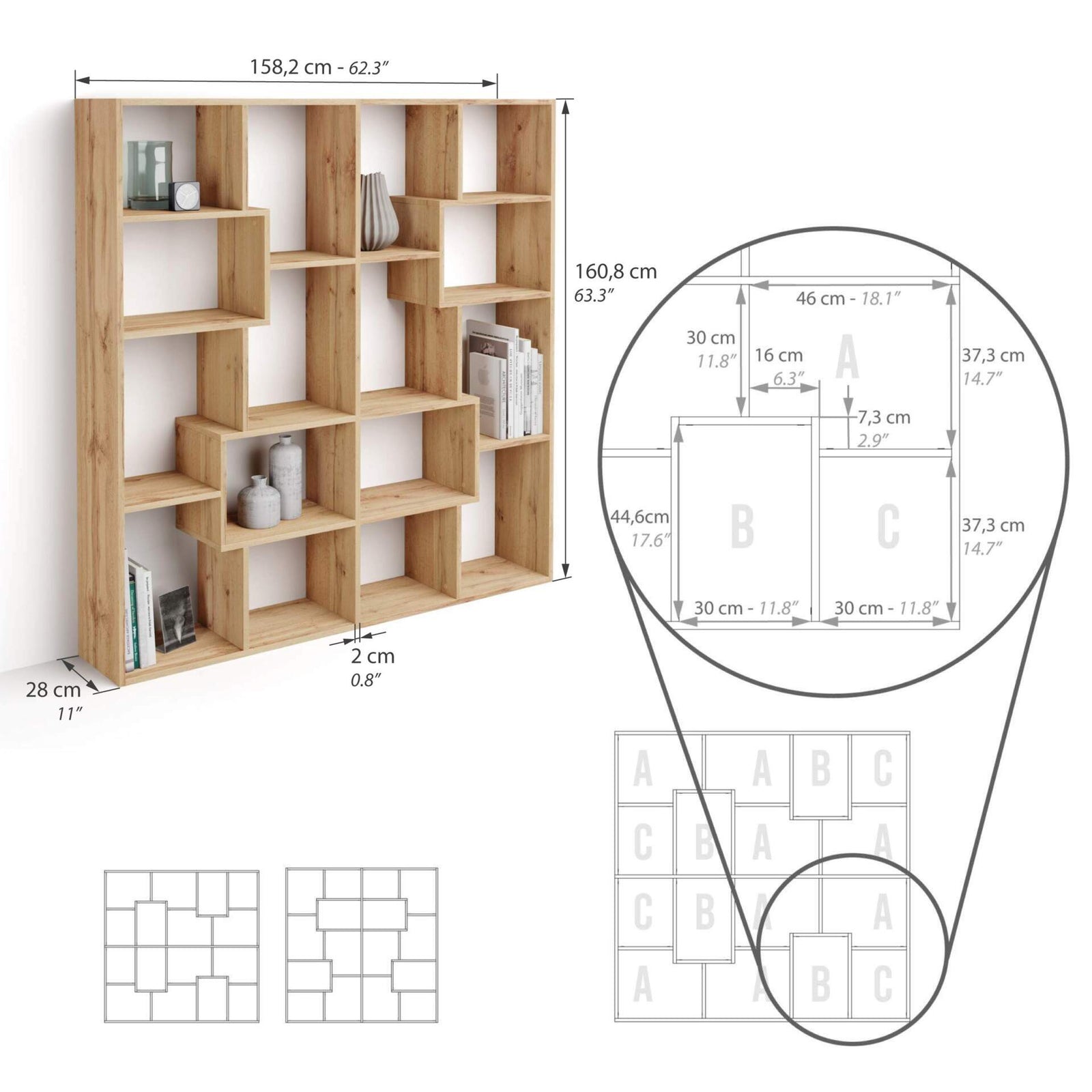 Libreria S Iacopo (160,8 x 158,2 cm), Rovere Rustico - Immagine tecnica 1