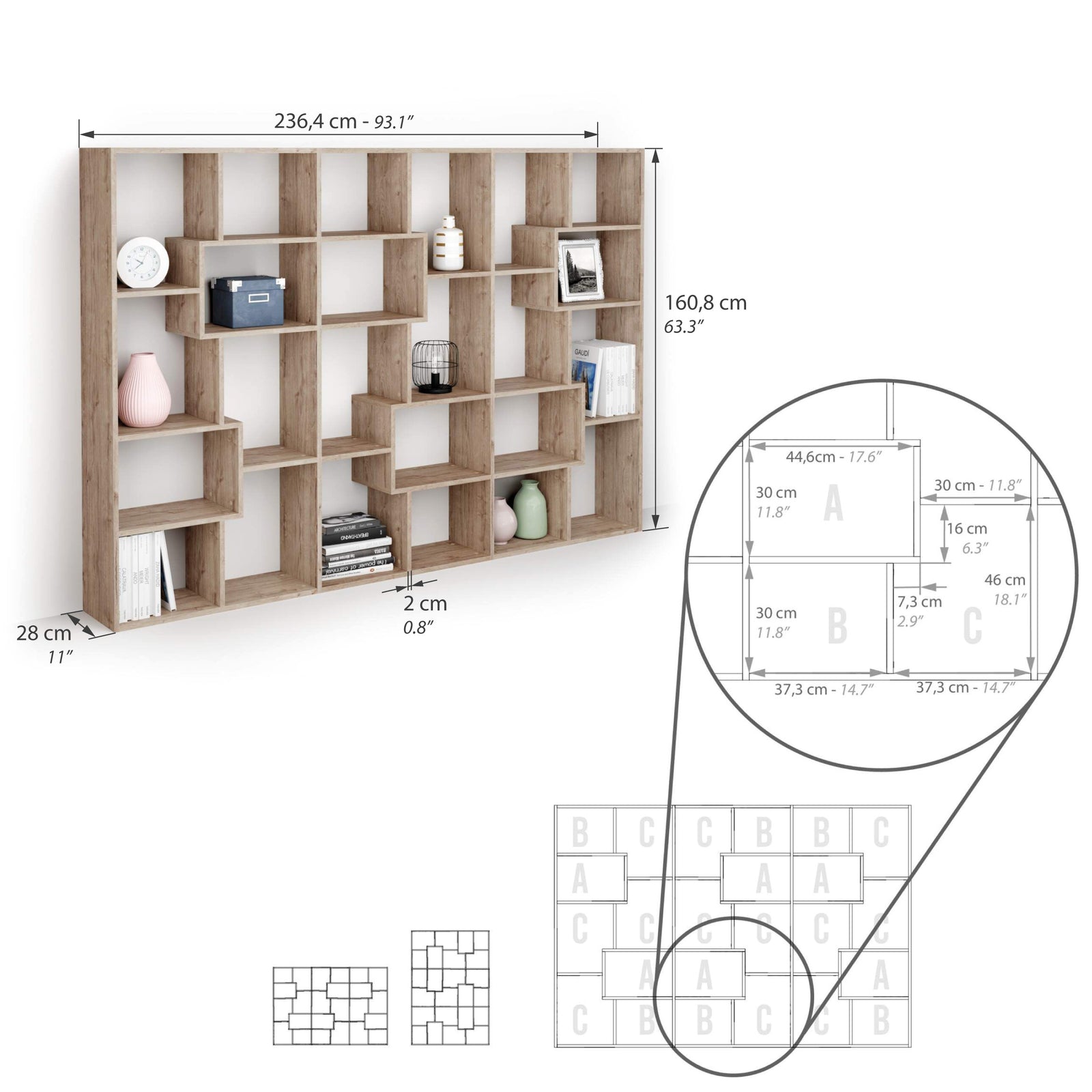 Iacopo M Bookcase (160.8 x 236.4 cm), Oak - Immagine tecnica 1