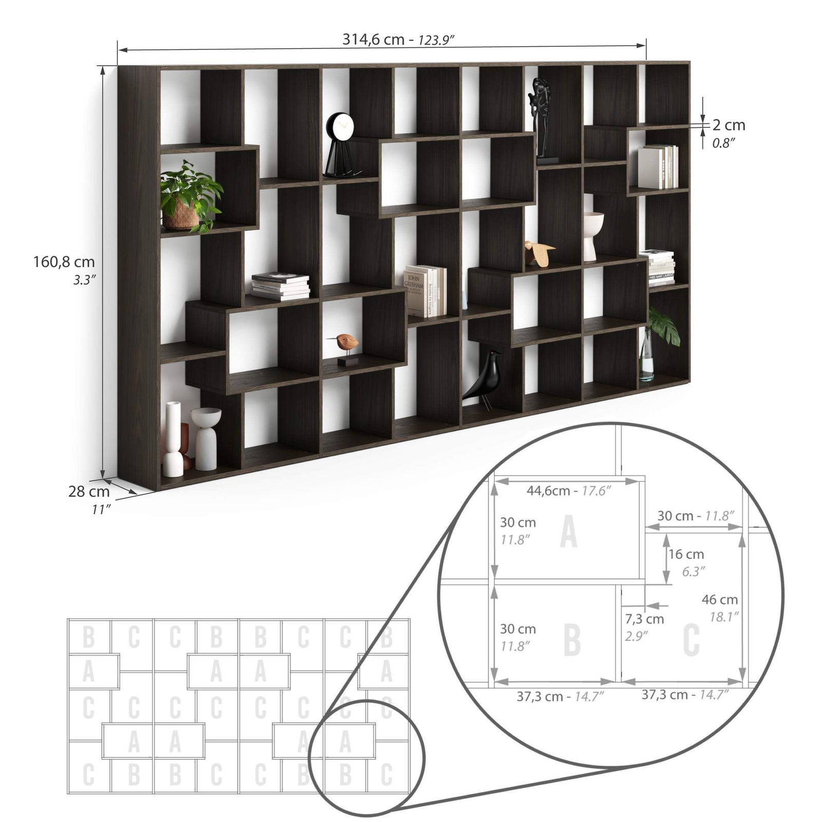 Iacopo L Bookcase (160.8 x 314.6 cm), Dark Walnut - Immagine tecnica 1
