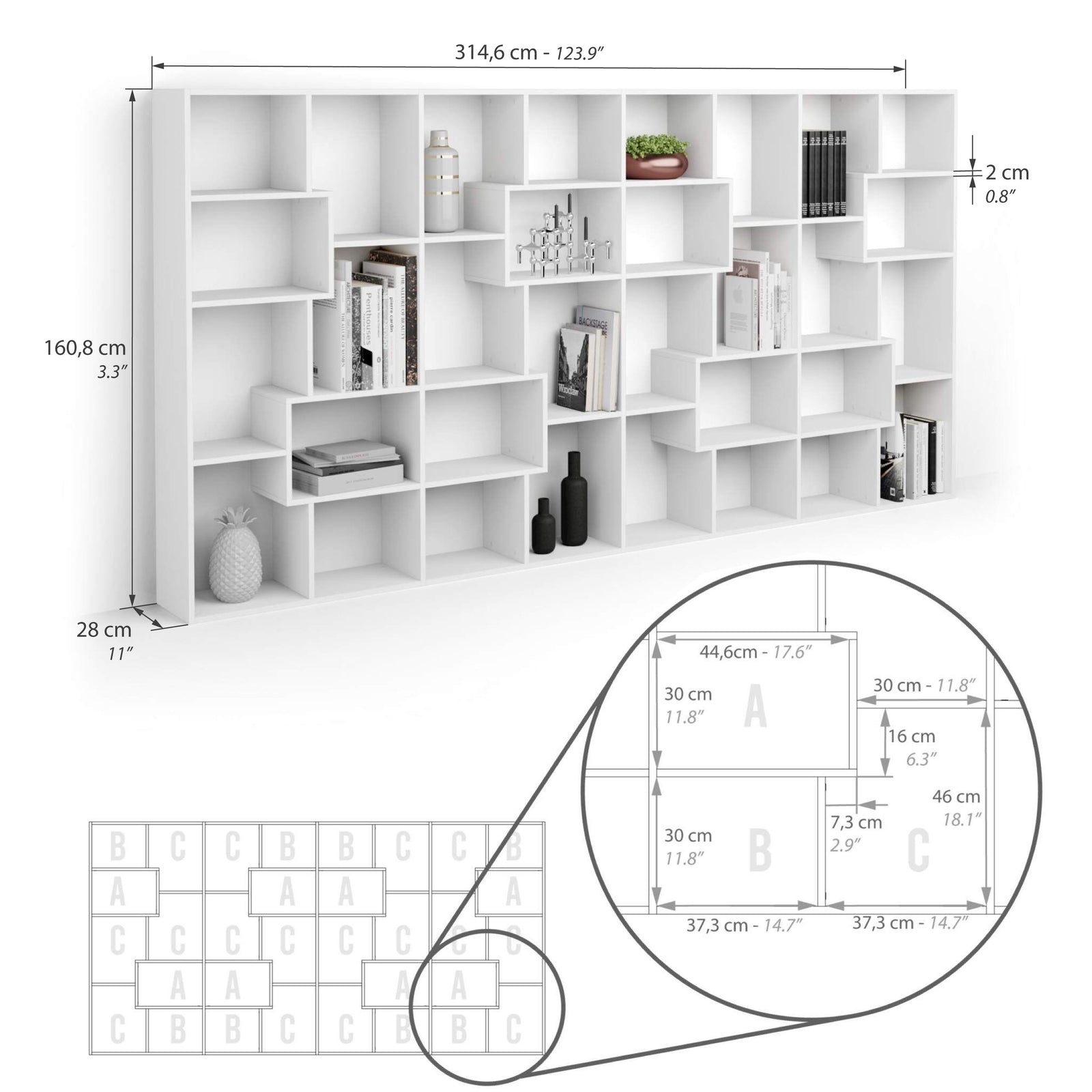 Iacopo L-Bücherregal (160,8 x 314,6 cm), Esche, Weiß - Immagine tecnica 1