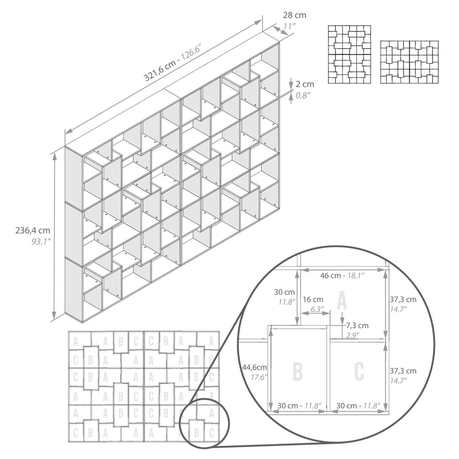 Iacopo XL Bücherregal (236,4 x 321,6 cm), rustikale Eiche - Immagine tecnica 1