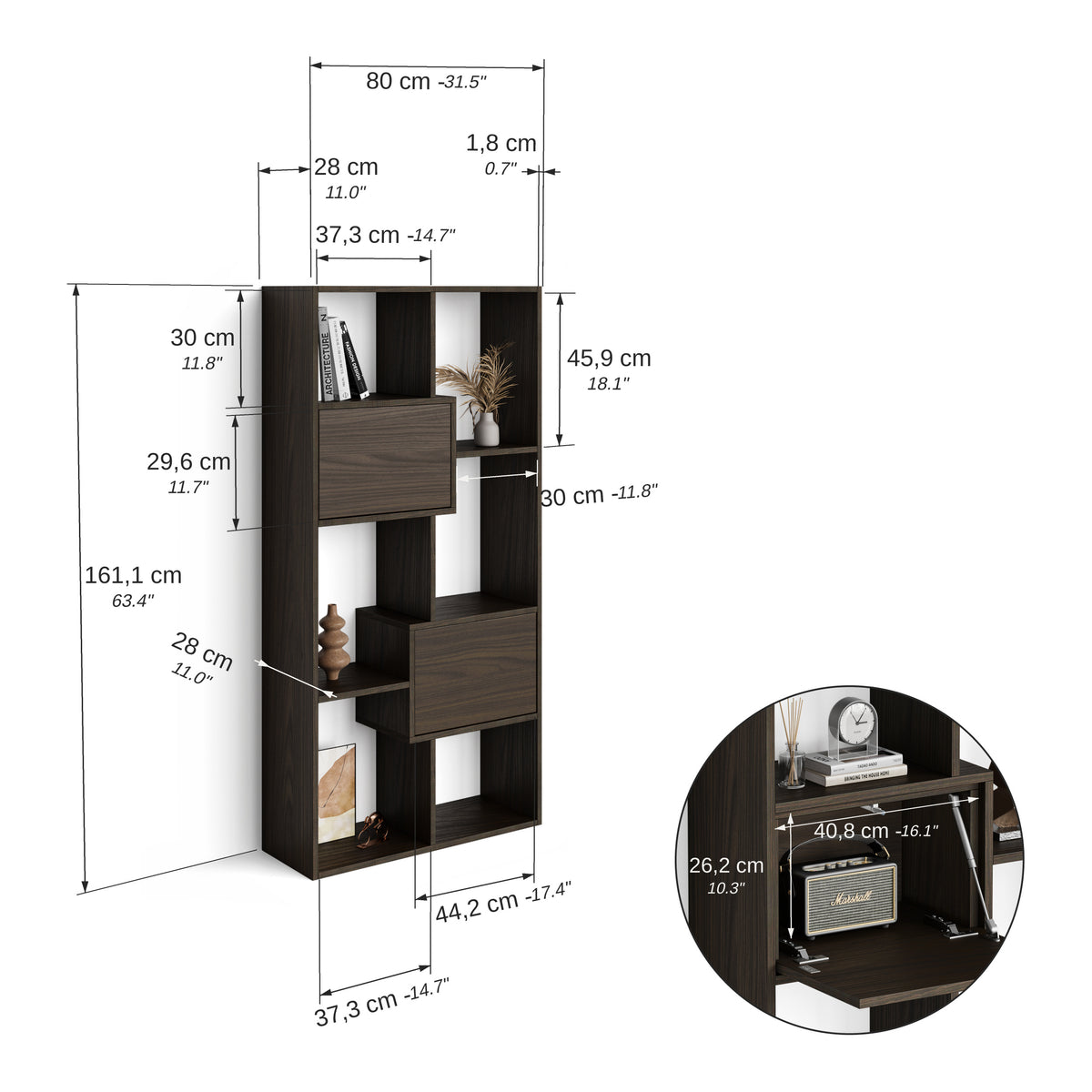 Iacopo XS bokhylla med panelluckor (160,8 x 80 cm), Mörk valnöt - Immagine tecnica 1