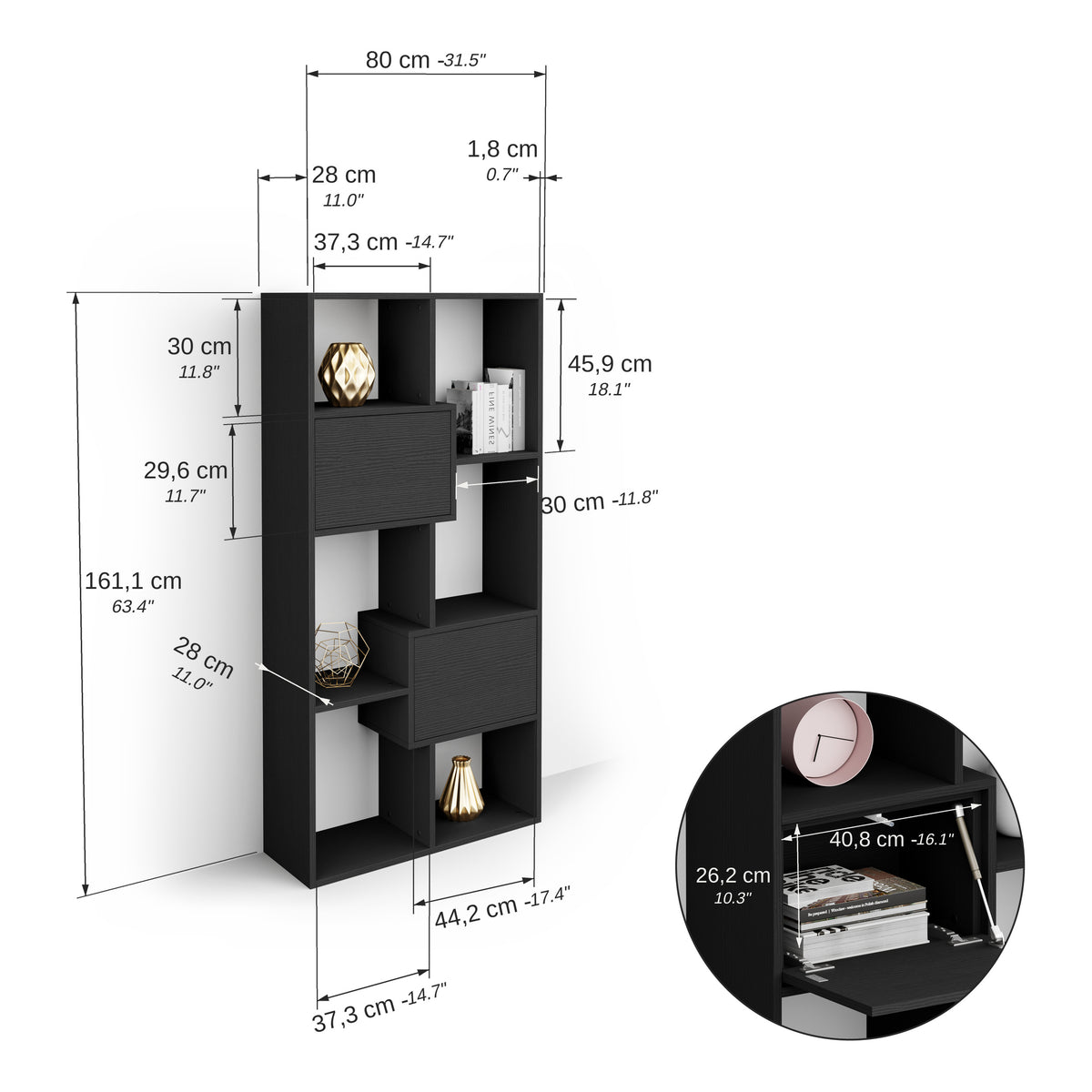 Niska biblioteczka XS Iacopo z drzwiami (160,8 x 80 cm), Czarny Jesion - Immagine tecnica 1