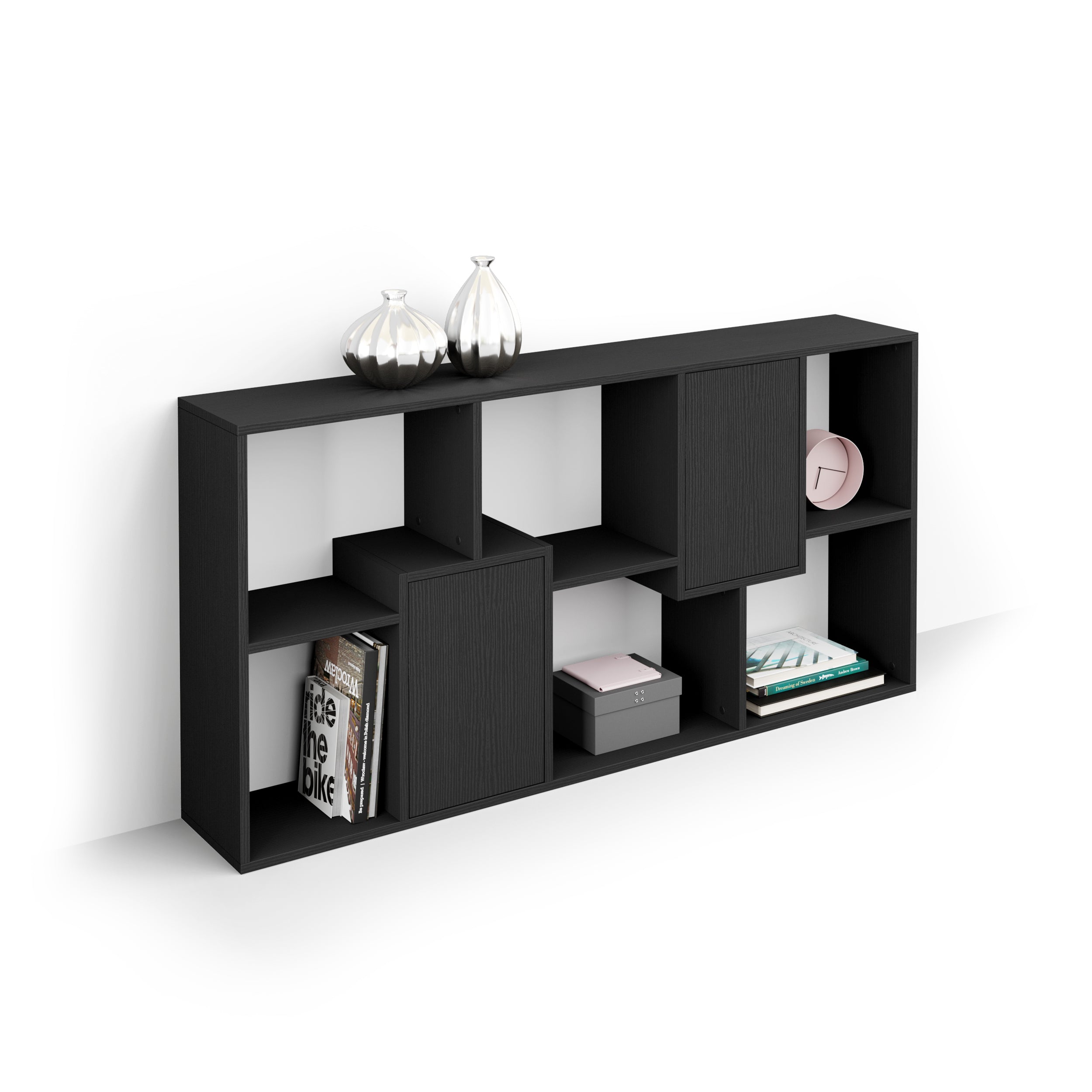 Iacopo XS Bücherregal mit Paneeltüren (160,8 x 80 cm), Esche, Schwarz